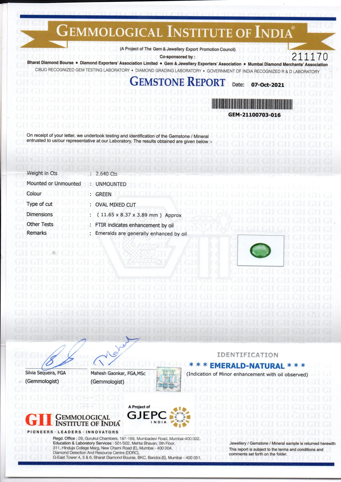 2.64 Ct GII Certified Untreated Natural Zambian Emerald Gemstones - Venus Gems