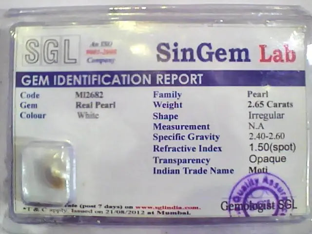 2.65 Ct 4.25 Ratti Certified Natural Venunjula Real Pearl/Real Moti