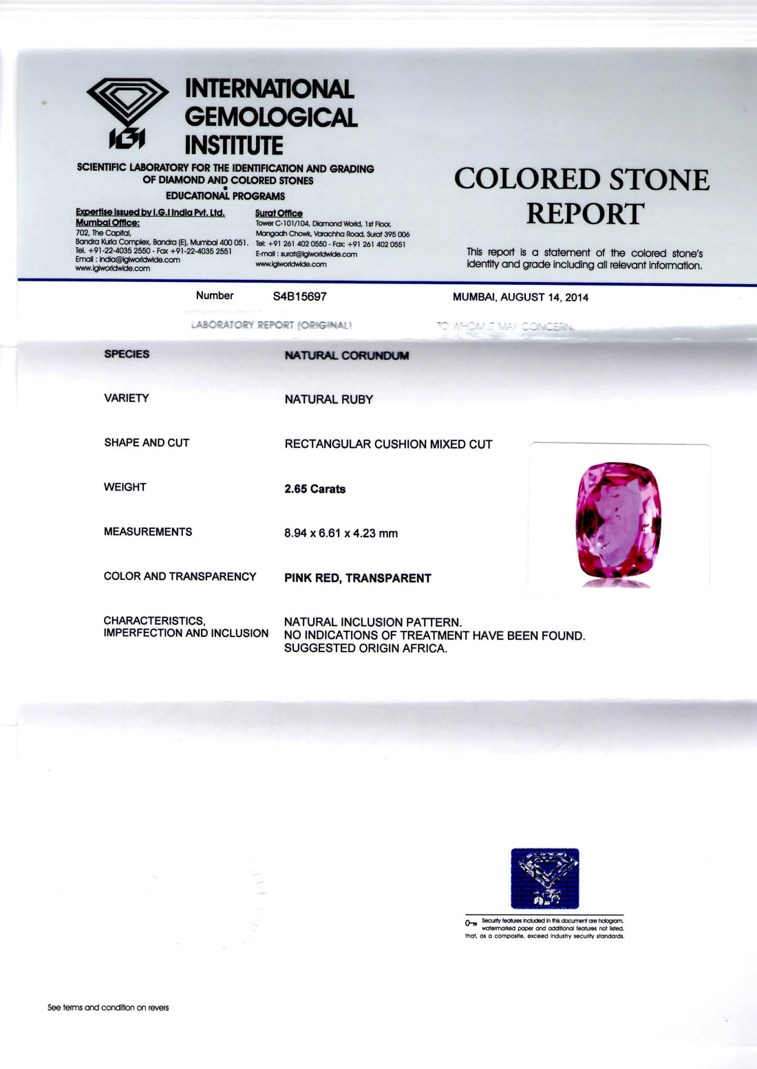 2.65 Ct IGI Certified Unheated Untreated Natural Madagaskar Ruby