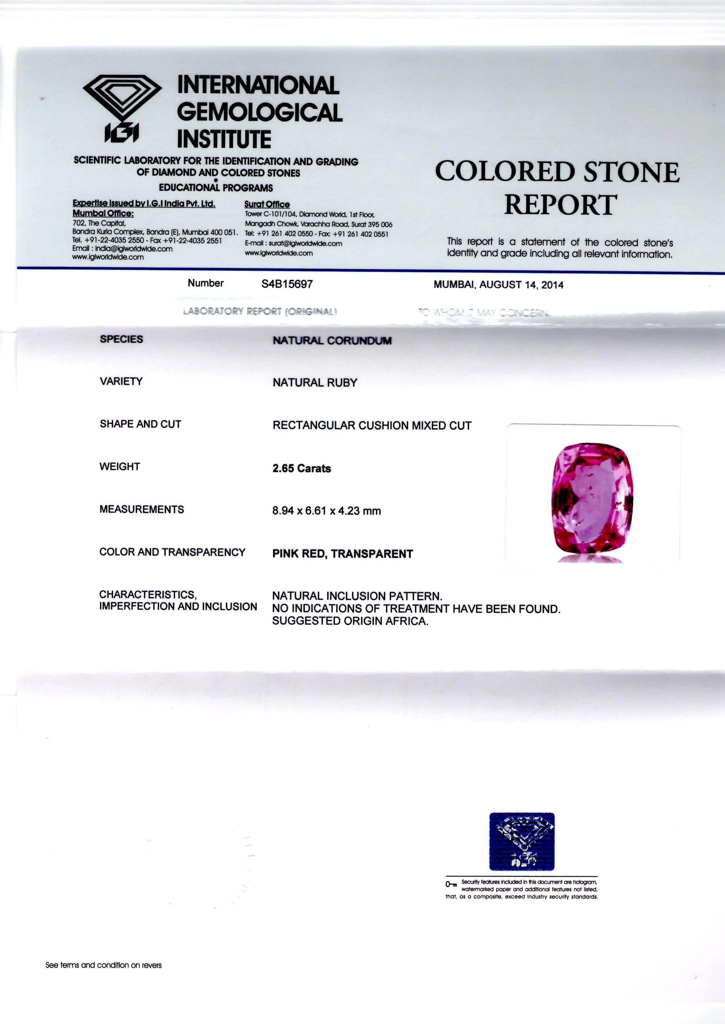 2.65 Ct IGI Certified Unheated Untreated Natural Madagaskar Ruby