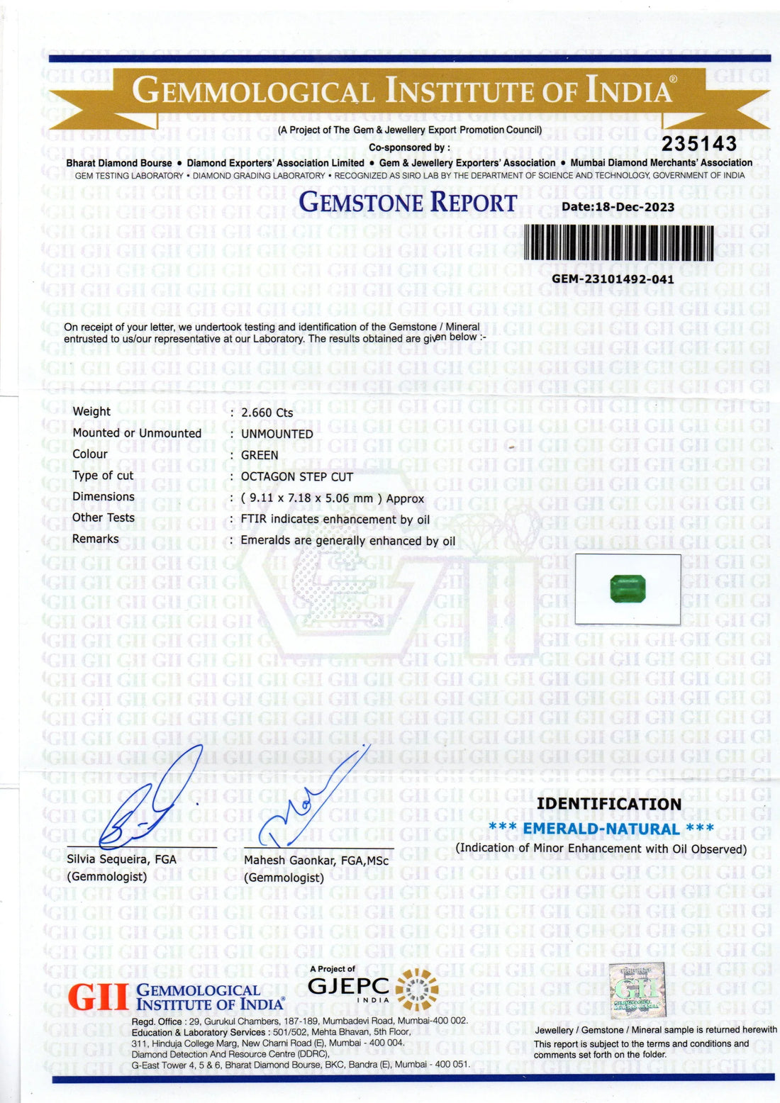 2.66 Ct GII Certified Untreated Natural Zambian Emerald Panna AAA - Venus Gems