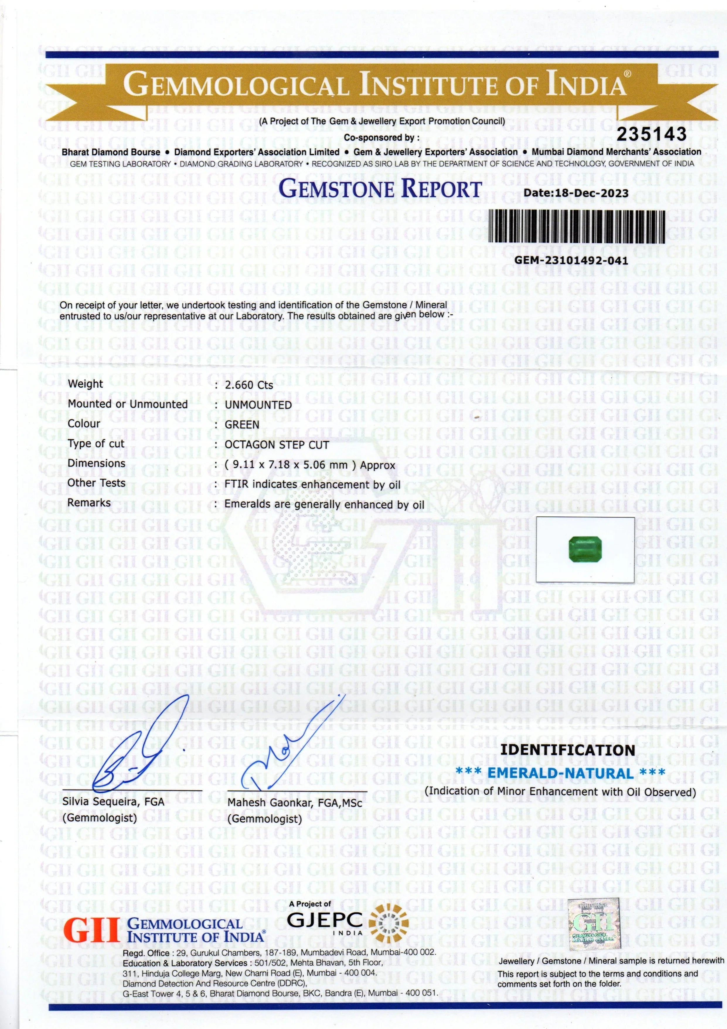 2.66 Ct GII Certified Untreated Natural Zambian Emerald Panna AAA - Venus Gems