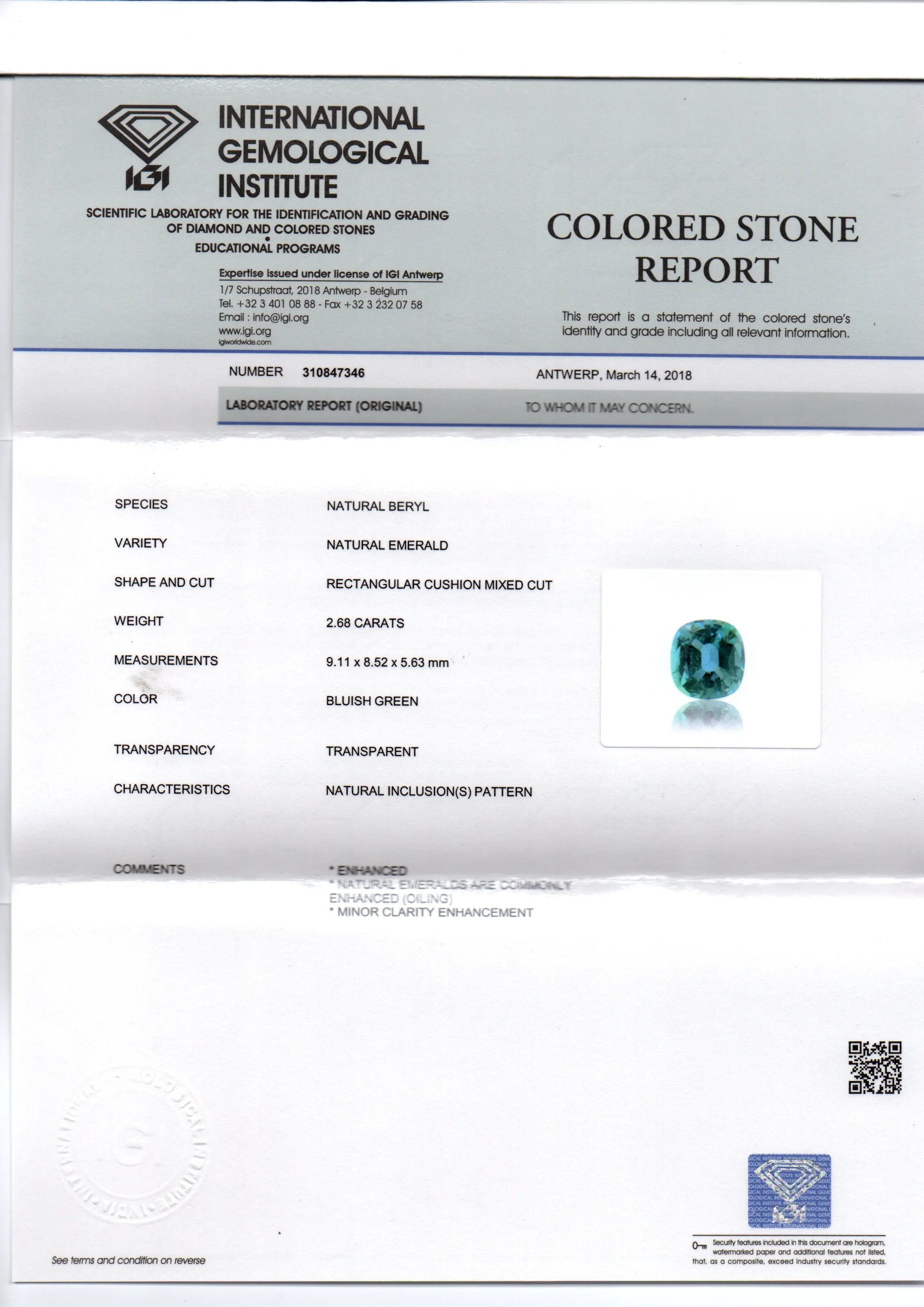 2.68 Ct Untreated Natural IGI Certified Zambian Emerald Gemstone AA