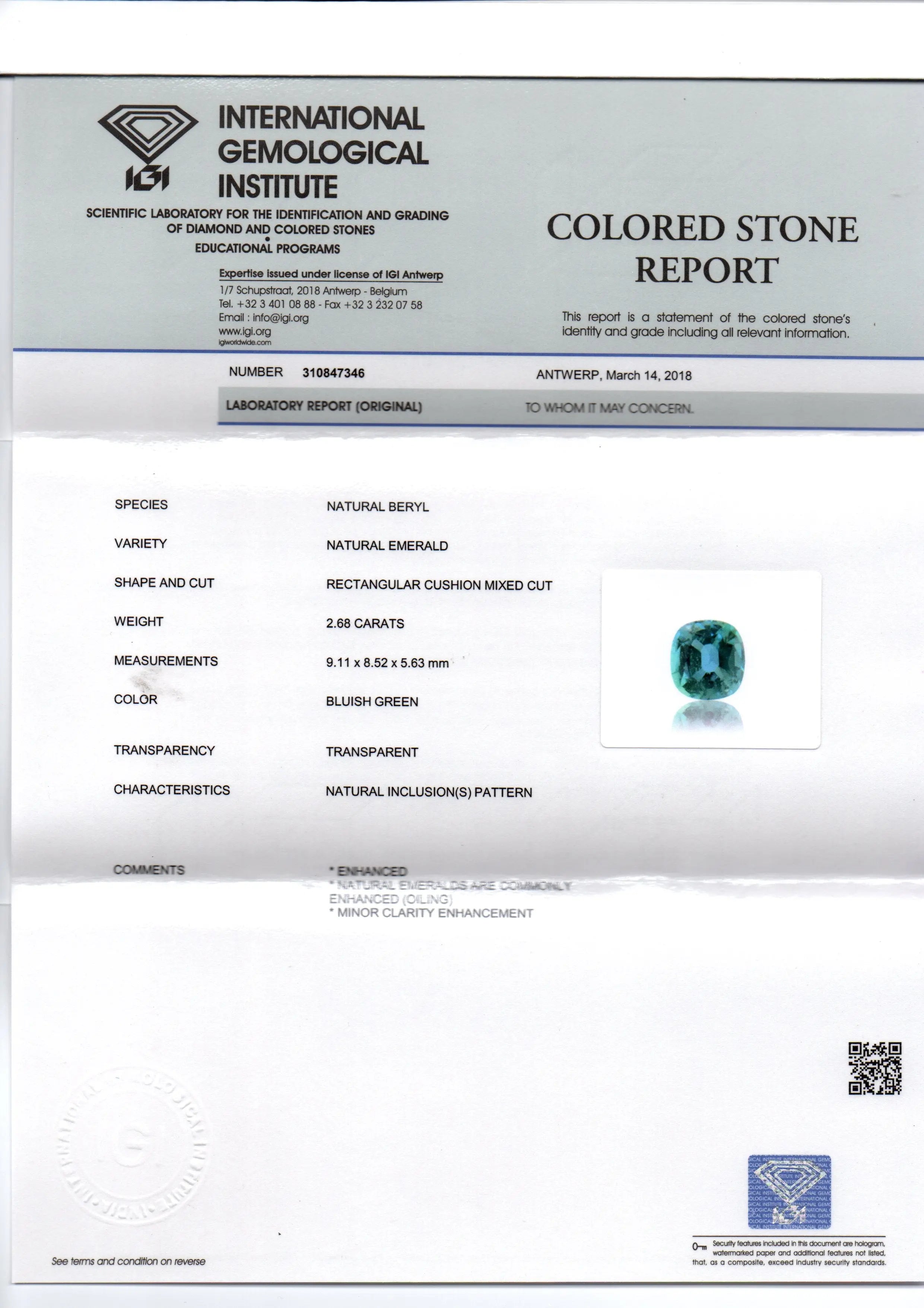 2.68 Ct Untreated Natural IGI Certified Zambian Emerald Gemstone AA