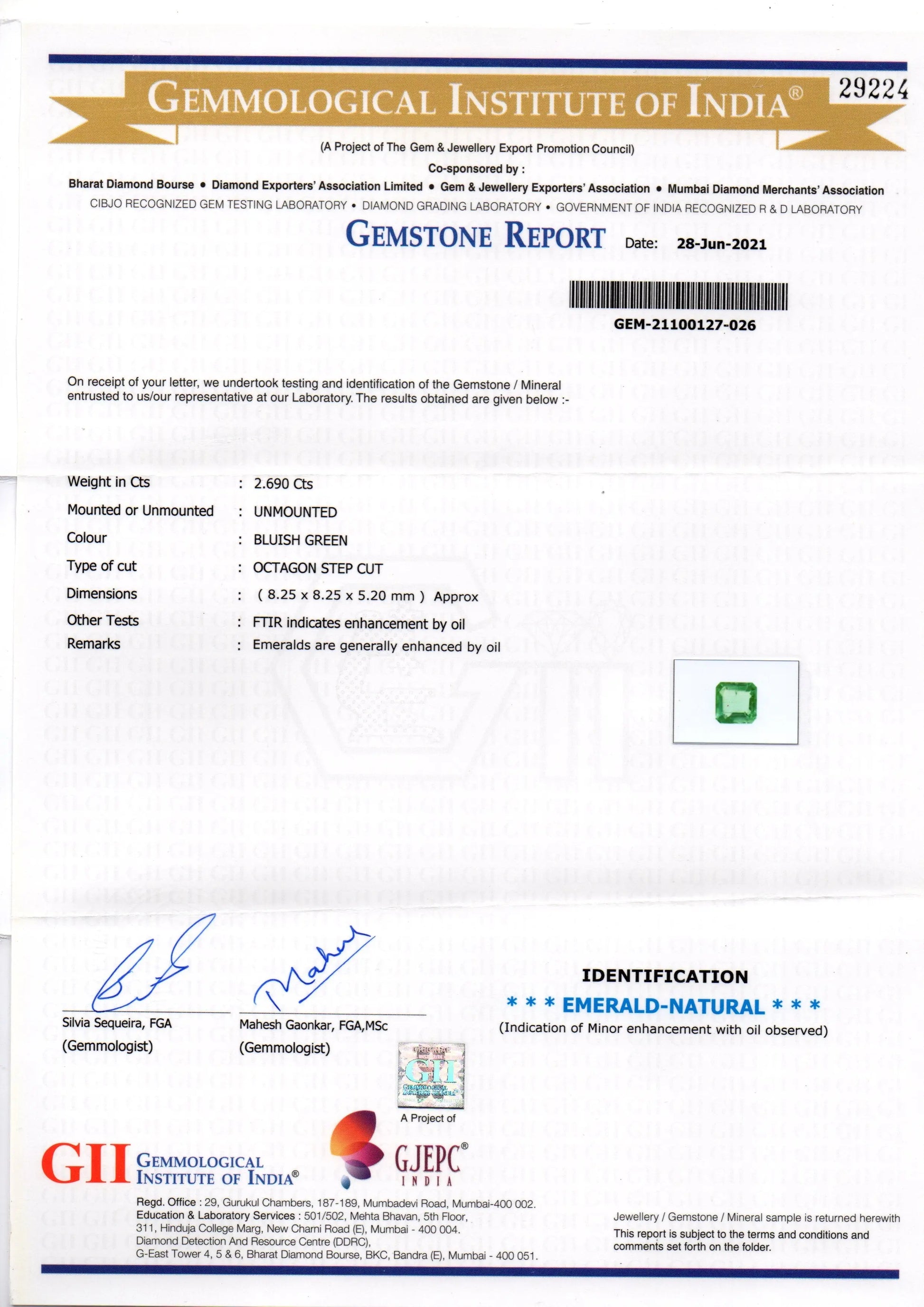 2.69 Ct GII Certified Untreated Natural Zambian Emerald Gemstone AAAAA