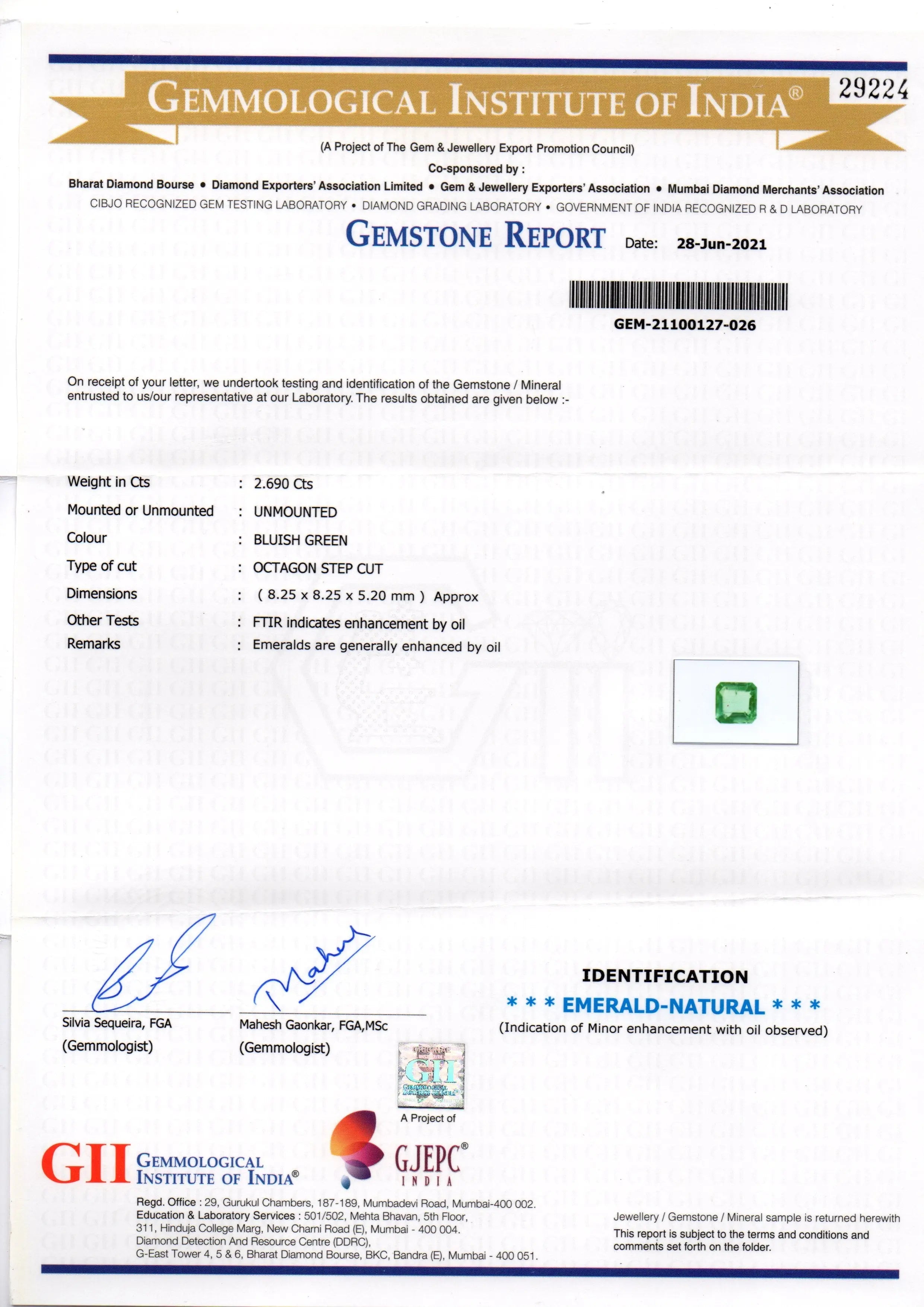 2.69 Ct GII Certified Untreated Natural Zambian Emerald Gemstone AAAAA