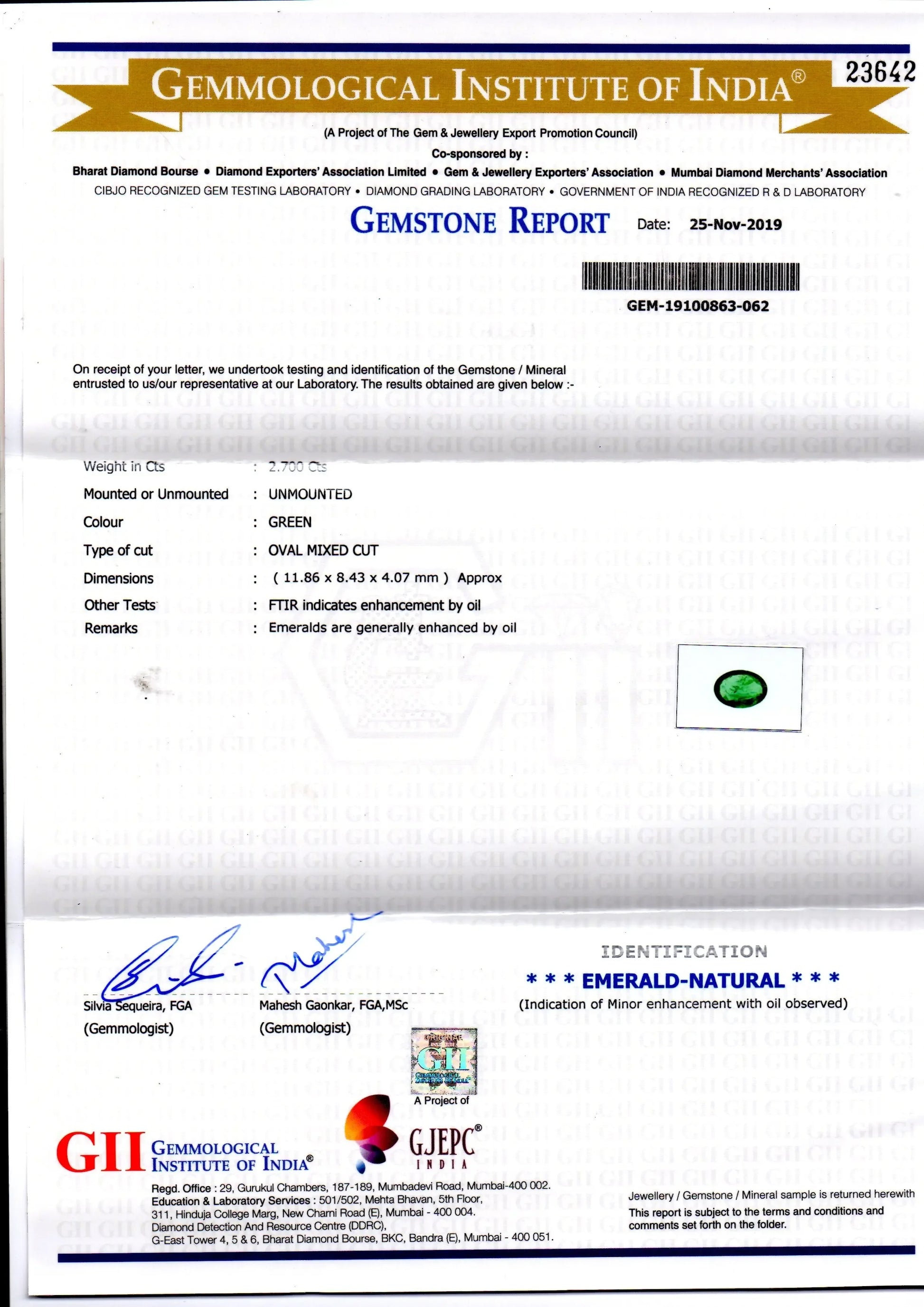 2.70 Ct GII Certified Untreated Natural Zambian Emerald Gems AAAAA - Venus Gems