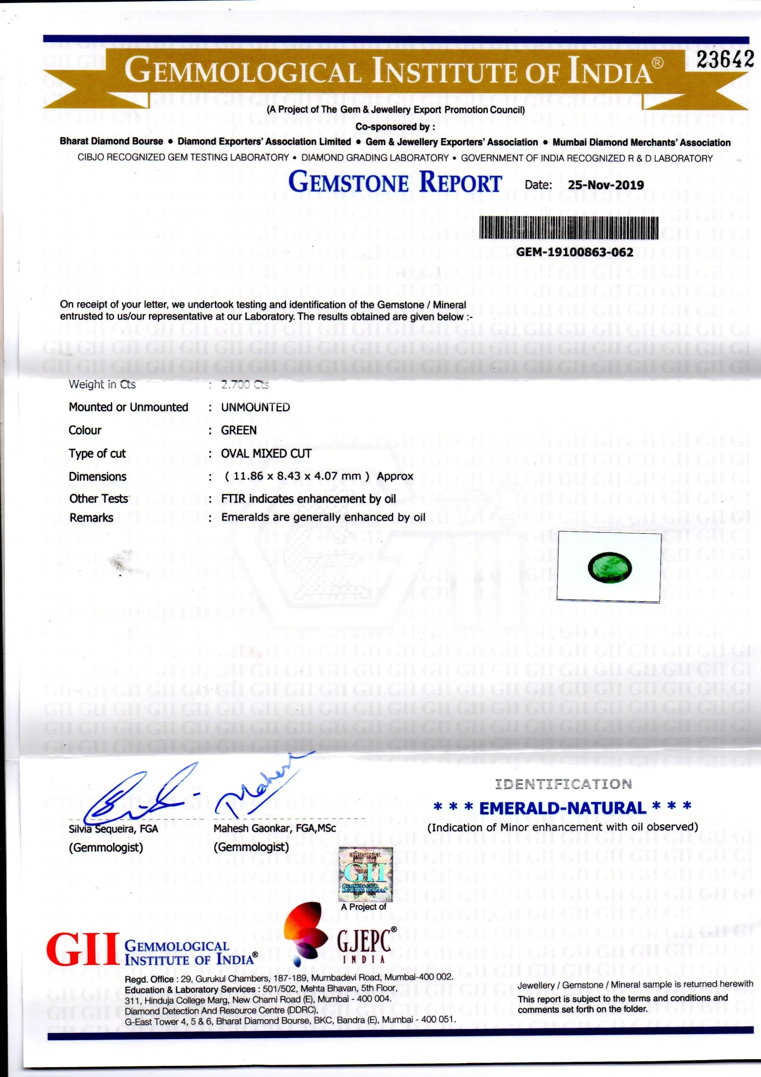 2.70 Ct GII Certified Untreated Natural Zambian Emerald Gems AAAAA - Venus Gems