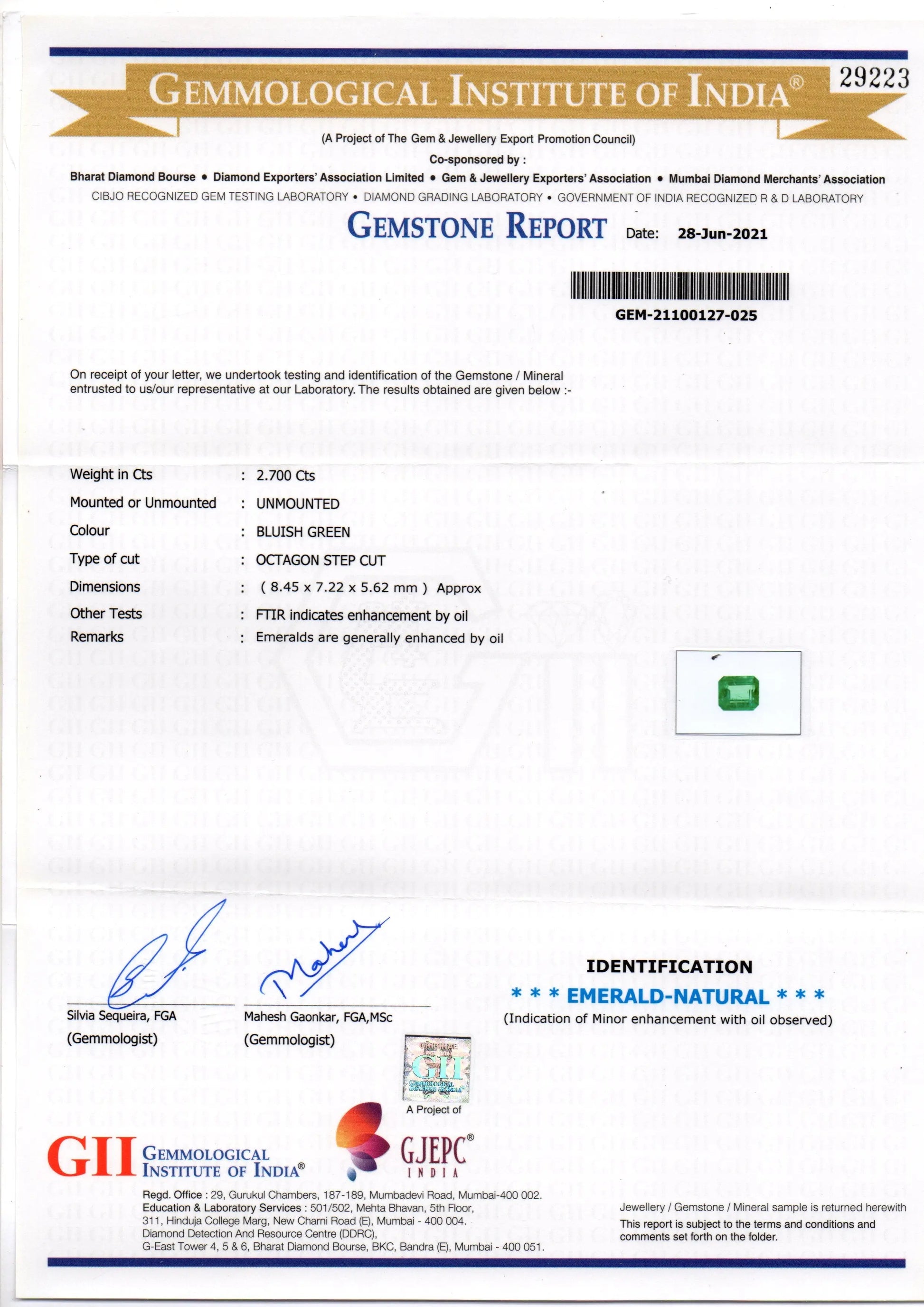 2.70 Ct GII Certified Untreated Natural Zambian Emerald Gemstone AAAAA