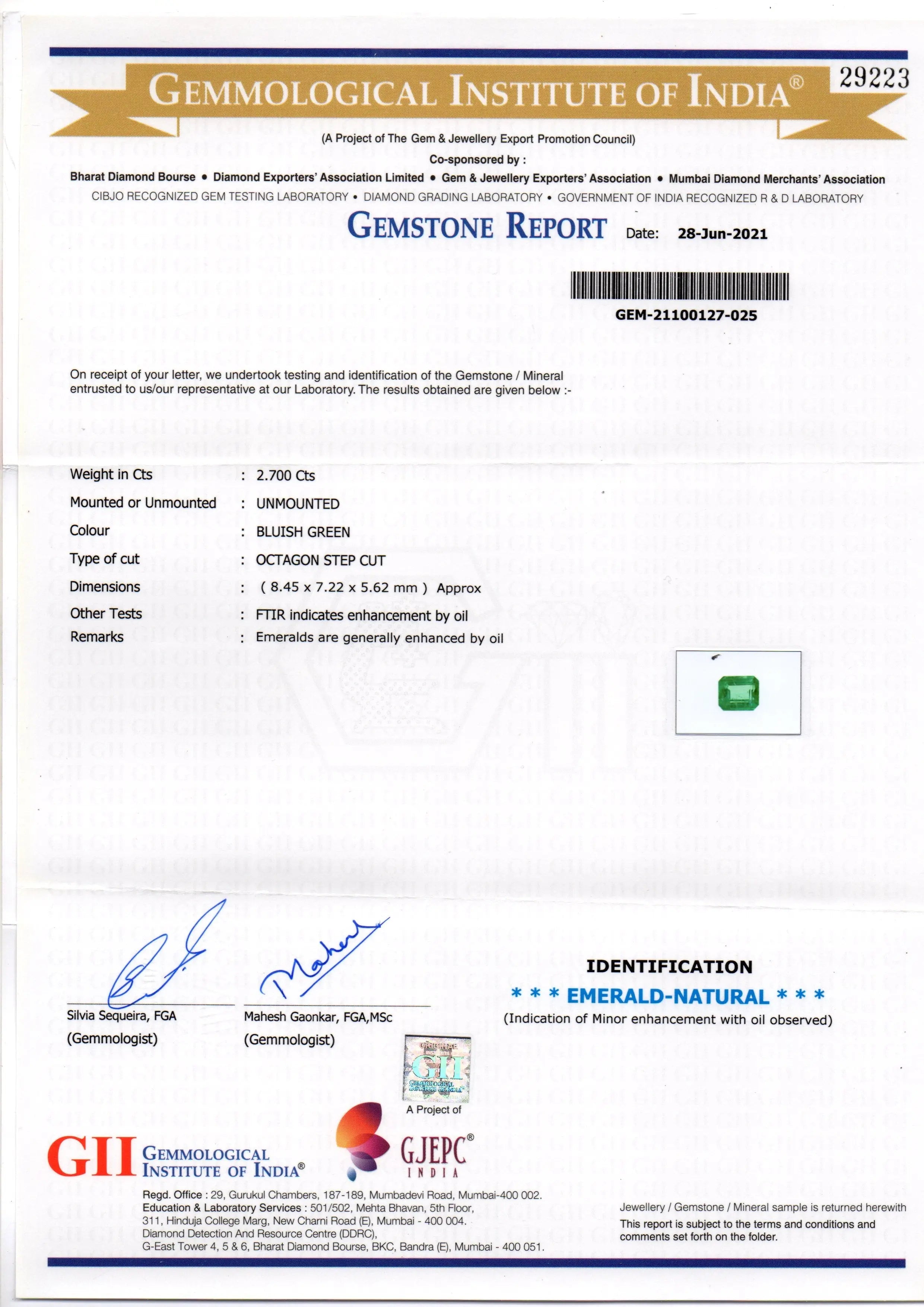 2.70 Ct GII Certified Untreated Natural Zambian Emerald Gemstone AAAAA