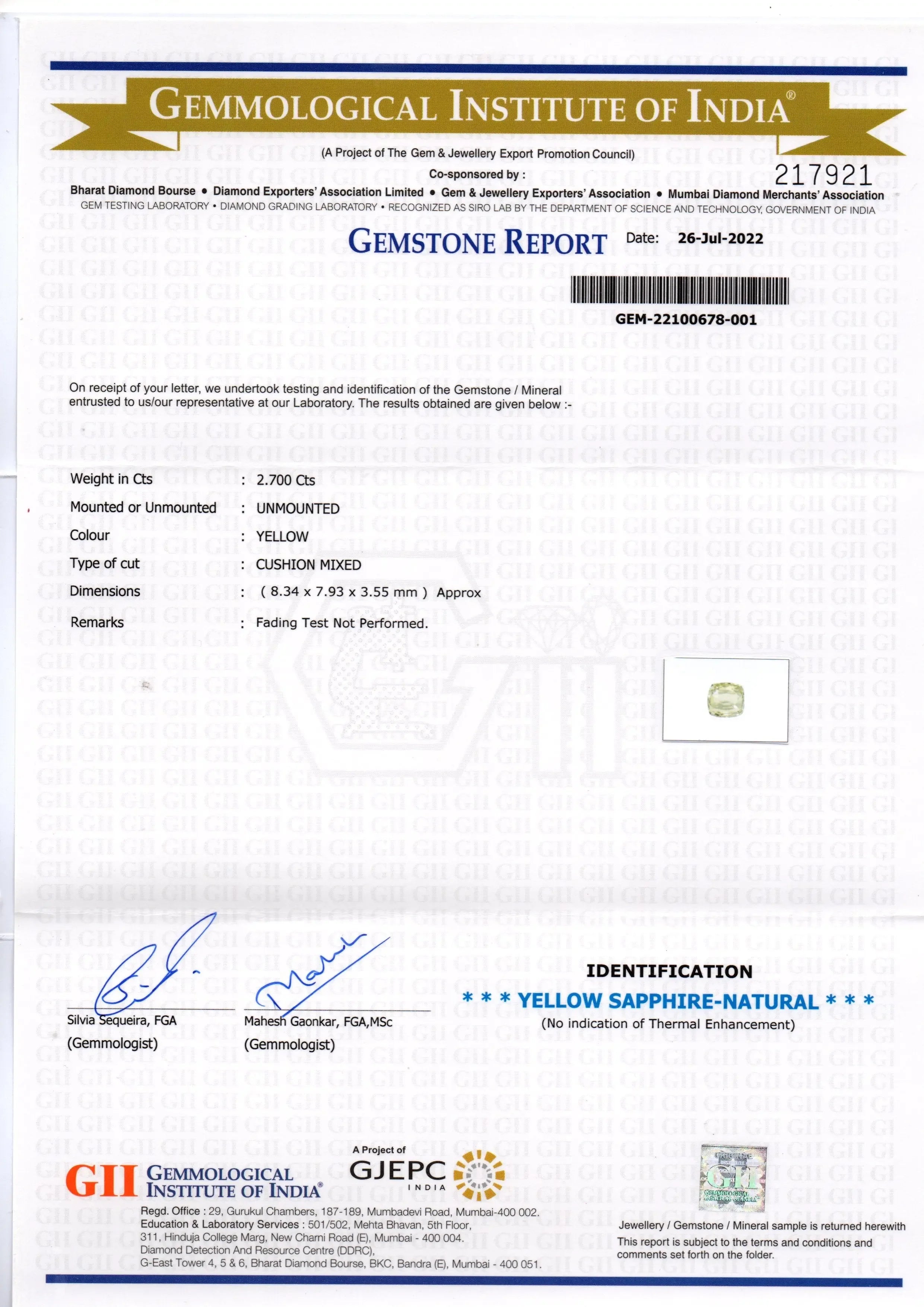 2.70 Ct GII Certified Unheated Untreated Natural Ceylon Yellow Sapphire - Venus Gems