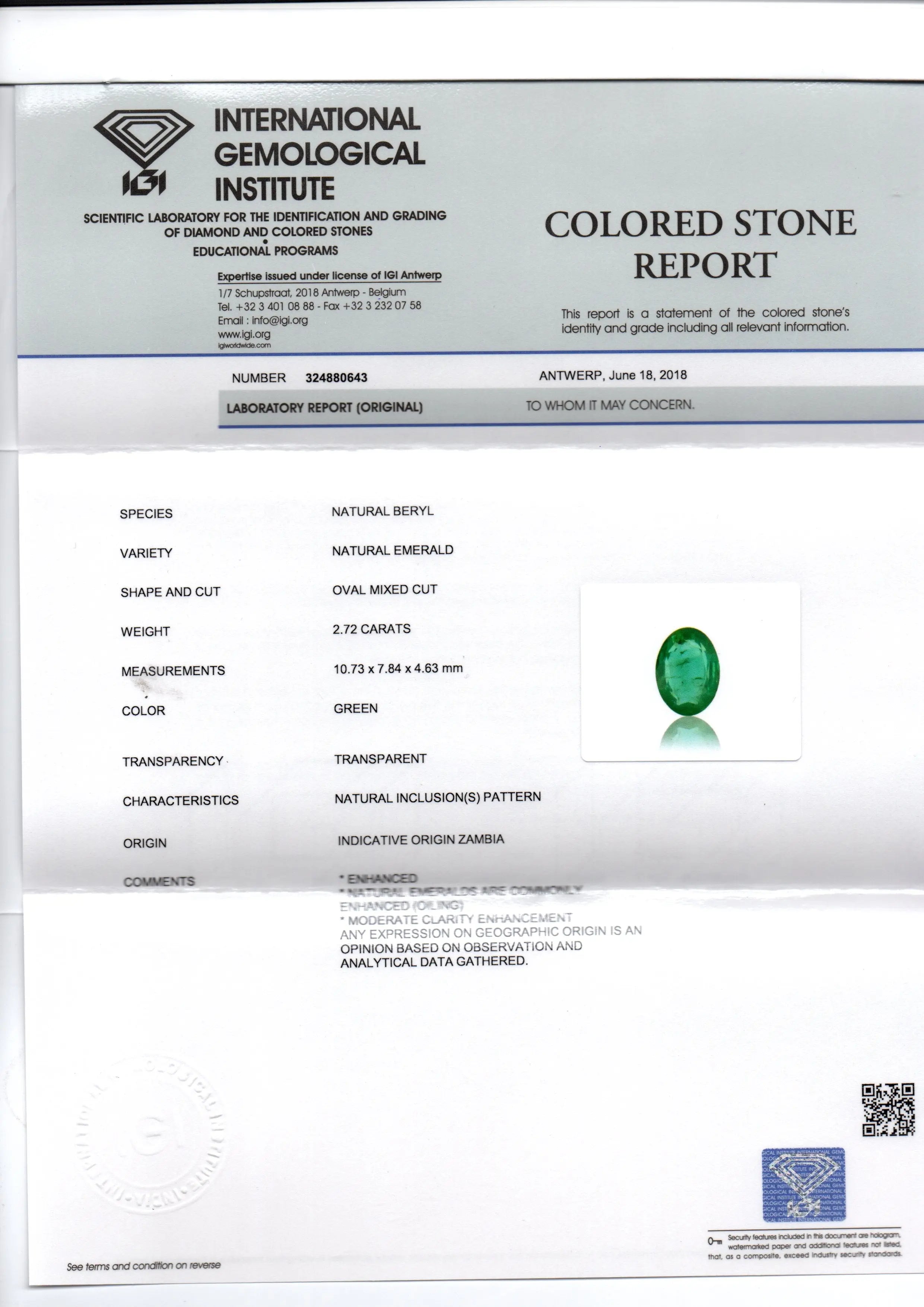 2.72 Ct IGI Certified Untreated Natural Zambian Emerald Gemstone AAA