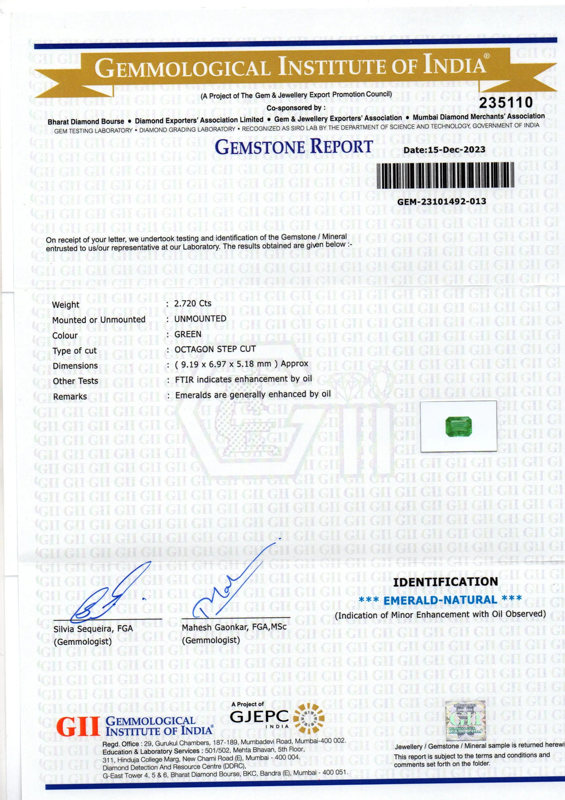 2.72 Ct GII Certified Untreated Natural Zambian Emerald Panna AAA - Venus Gems