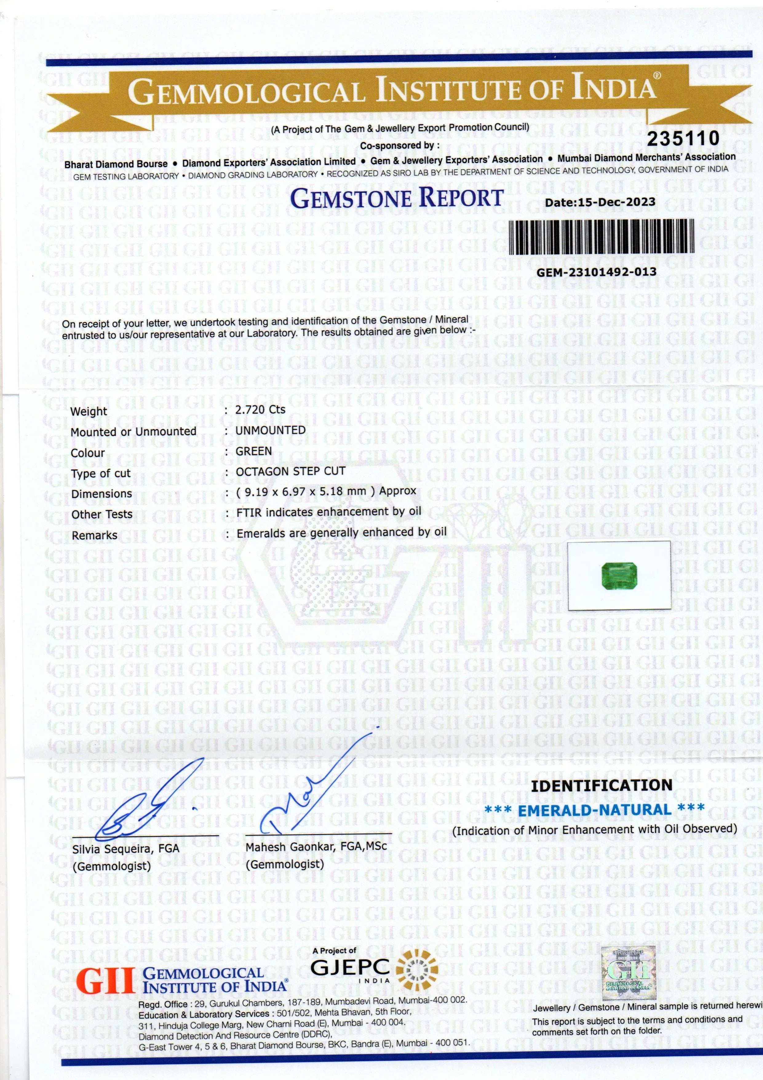2.72 Ct GII Certified Untreated Natural Zambian Emerald Panna AAA - Venus Gems
