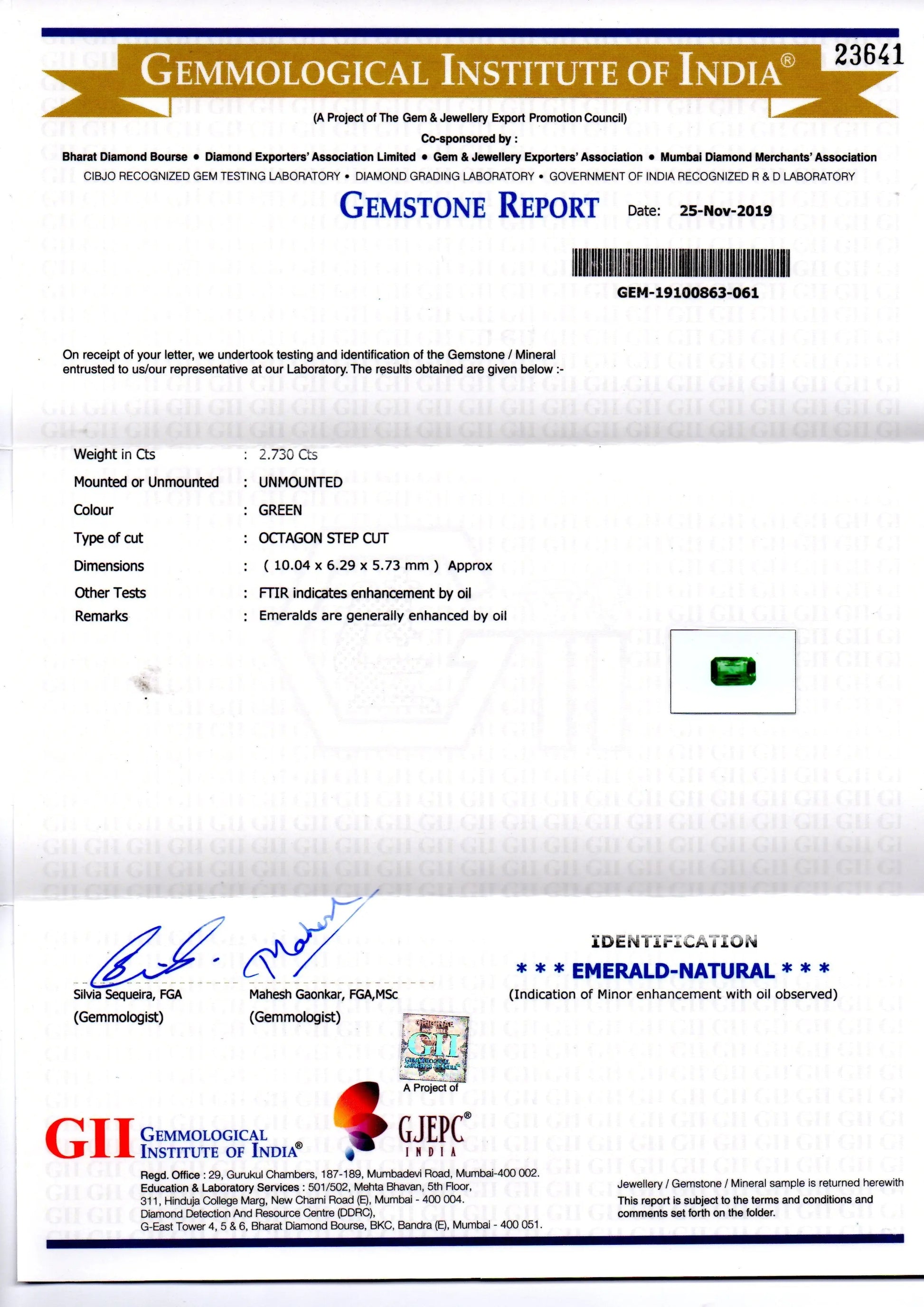 2.73 Ct GII Certified Untreated Natural Zambian Emerald Gems AAAAA