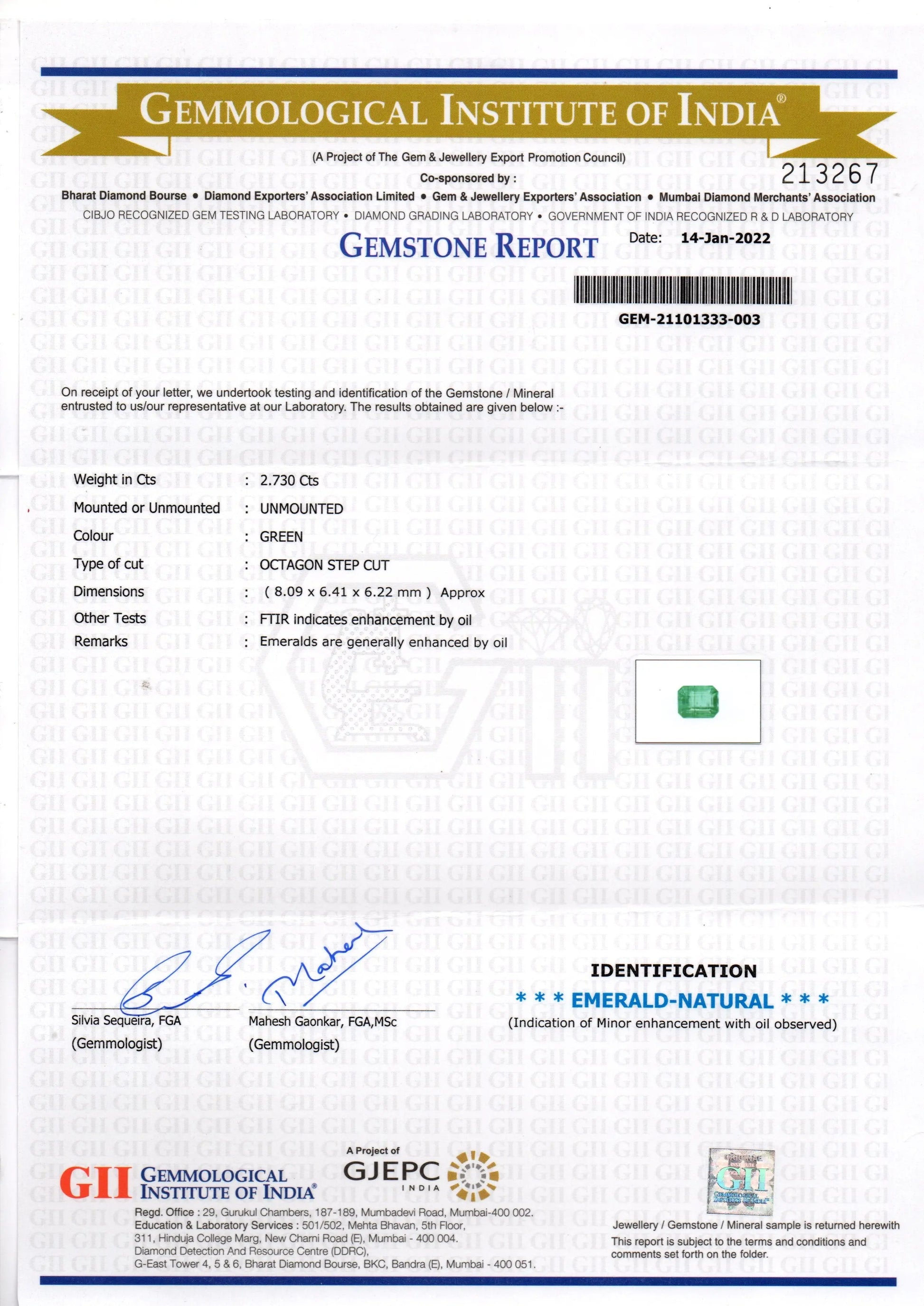 2.73 Ct GII Certified Untreated Natural Zambian Emerald Gemstone