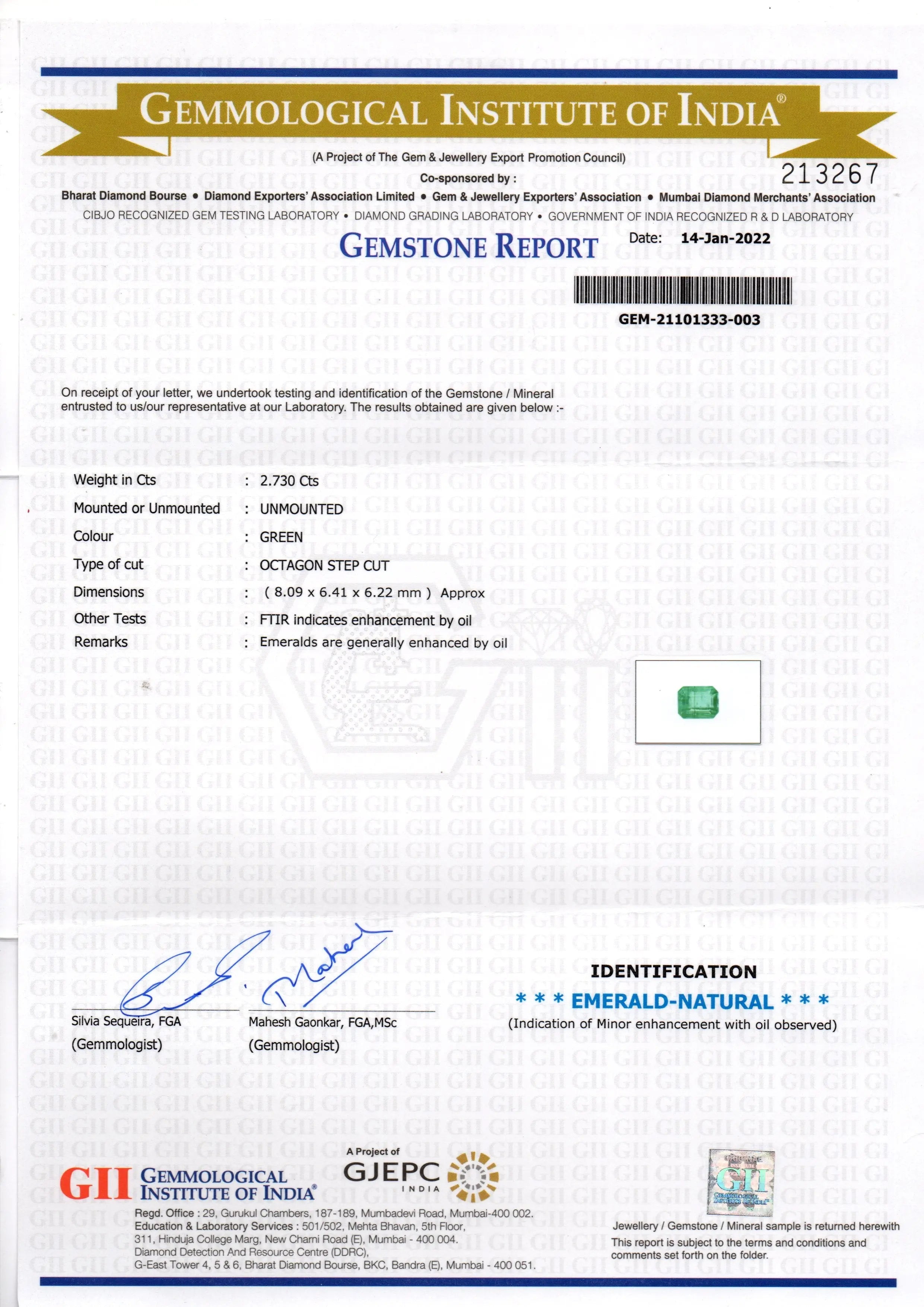 2.73 Ct GII Certified Untreated Natural Zambian Emerald Gemstone
