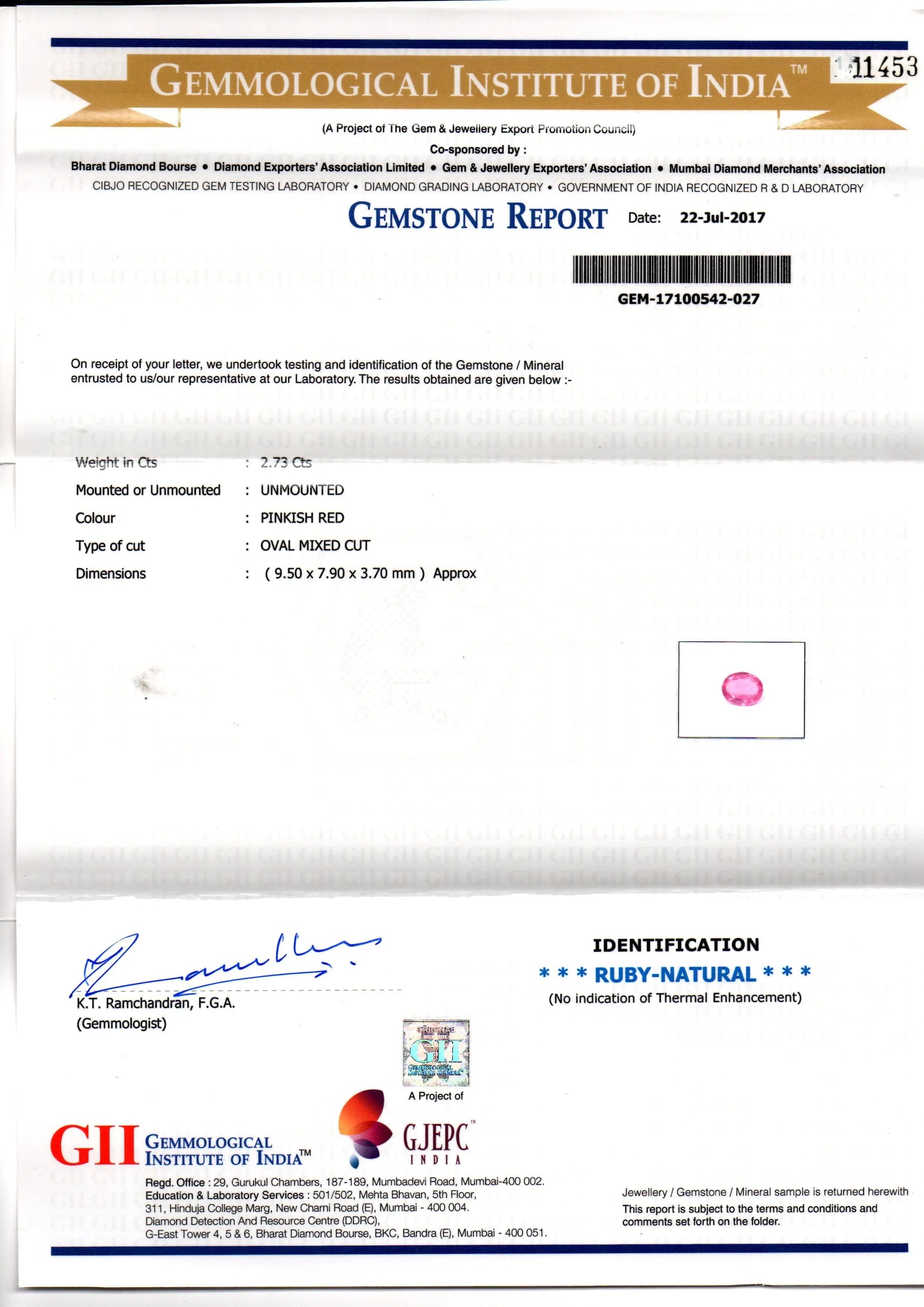 2.73 Ct GII Certified Unheated Untreated Natural Madagaskar Ruby AA
