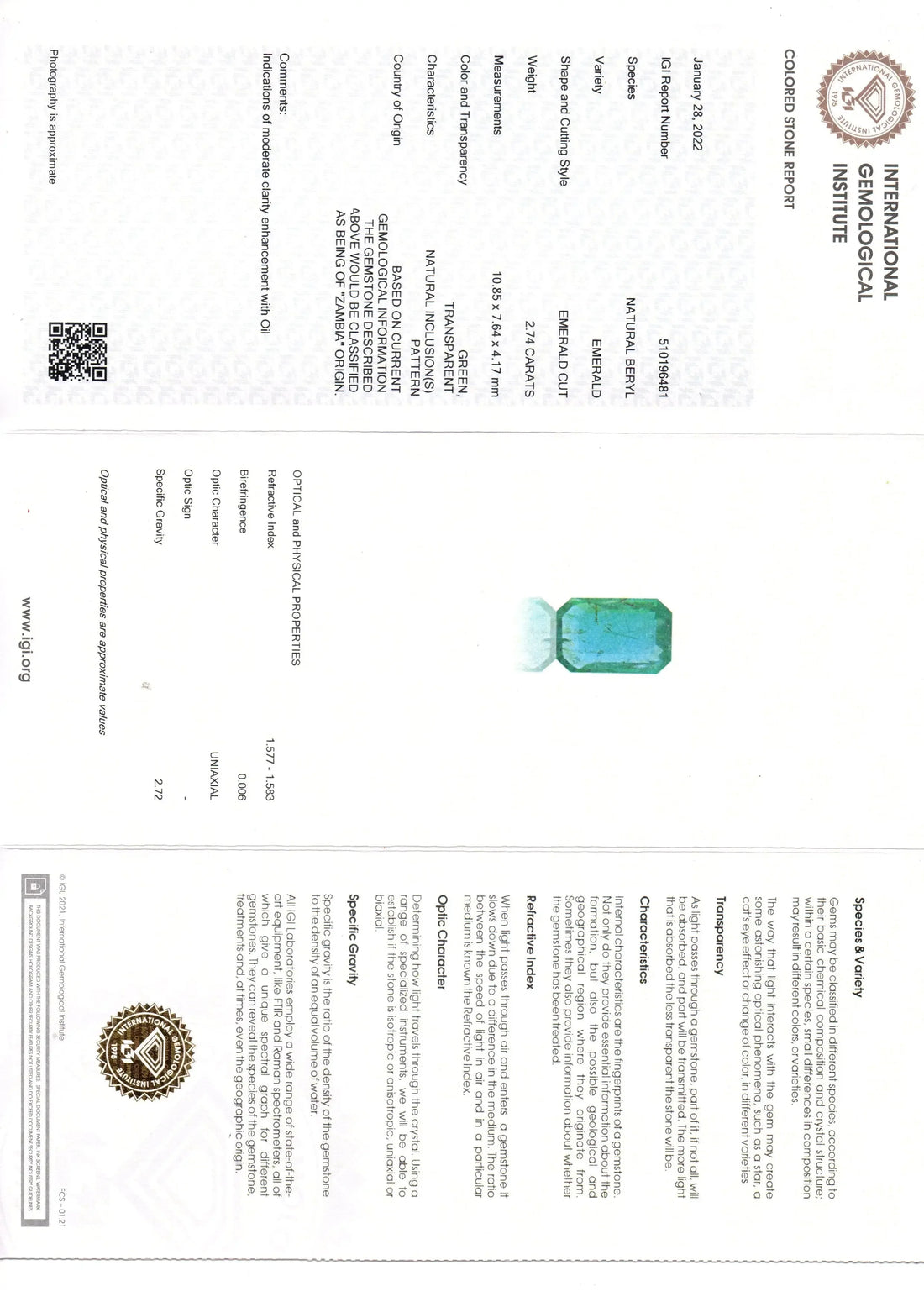 2.74 Ct IGI Certified Untreated Natural Zambian Emerald Gemstone - Venus Gems