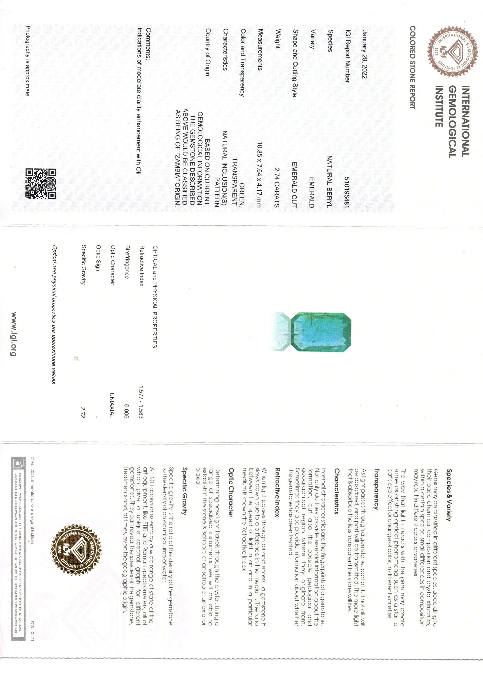 2.74 Ct IGI Certified Untreated Natural Zambian Emerald Gemstone - Venus Gems