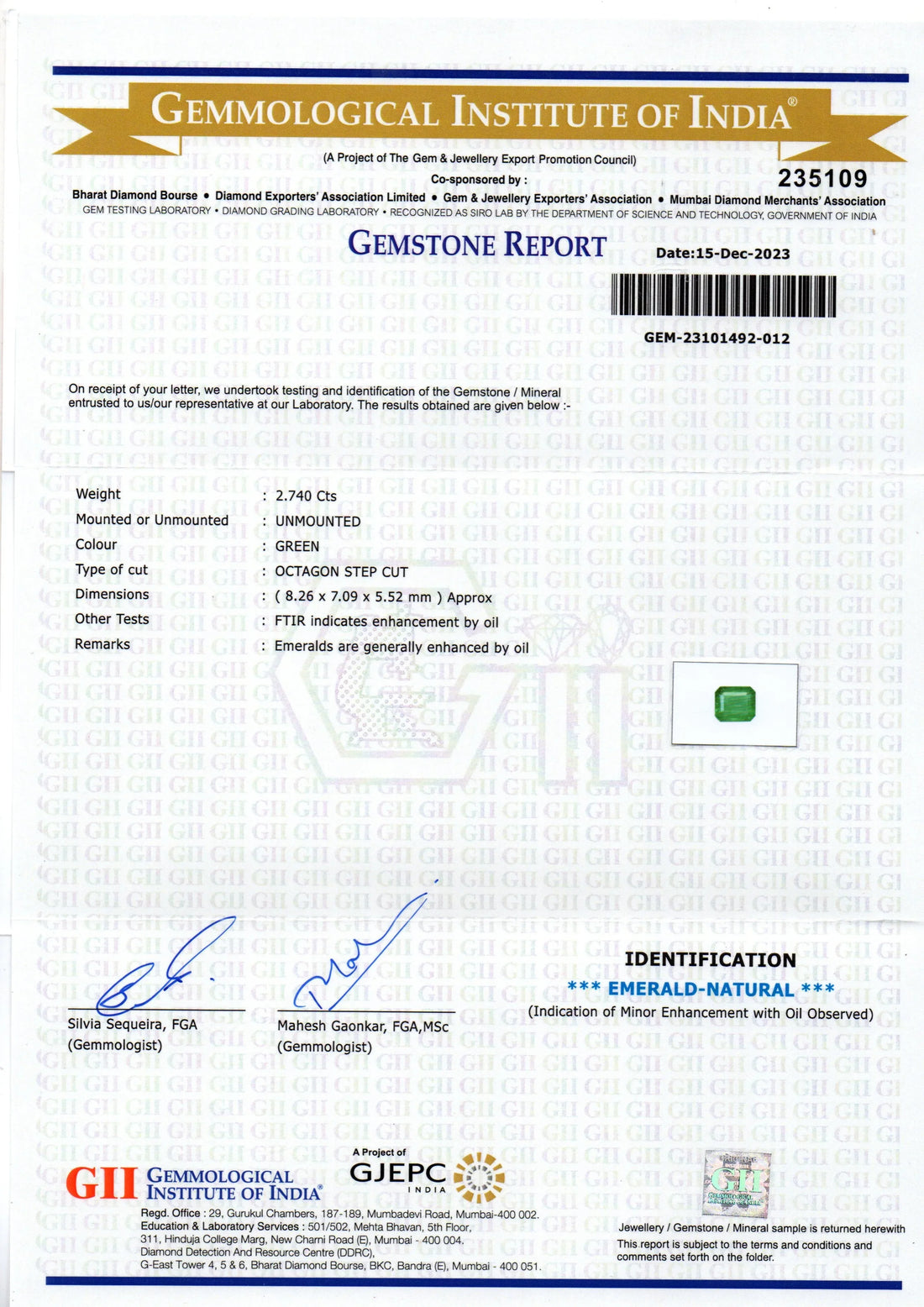 2.74 Ct GII Certified Untreated Natural Zambian Emerald Panna AAA - Venus Gems
