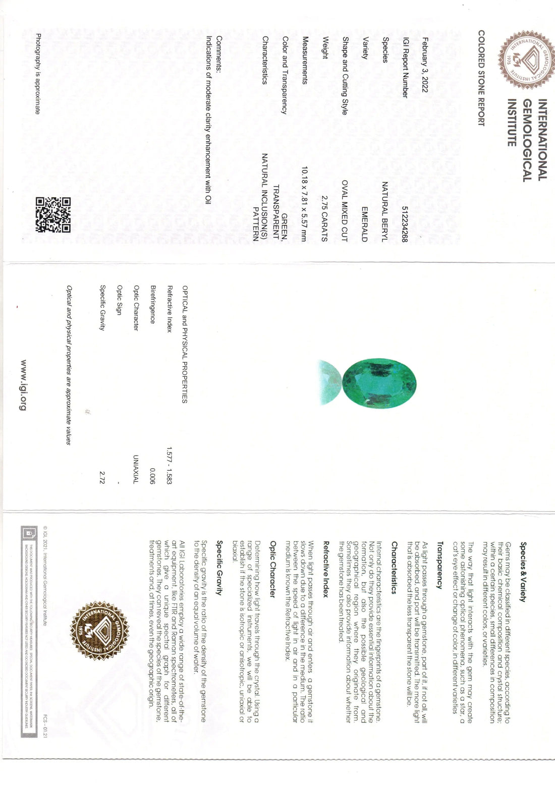 2.75 Ct IGI Certified Untreated Natural Zambian Emerald Gemstone AAA