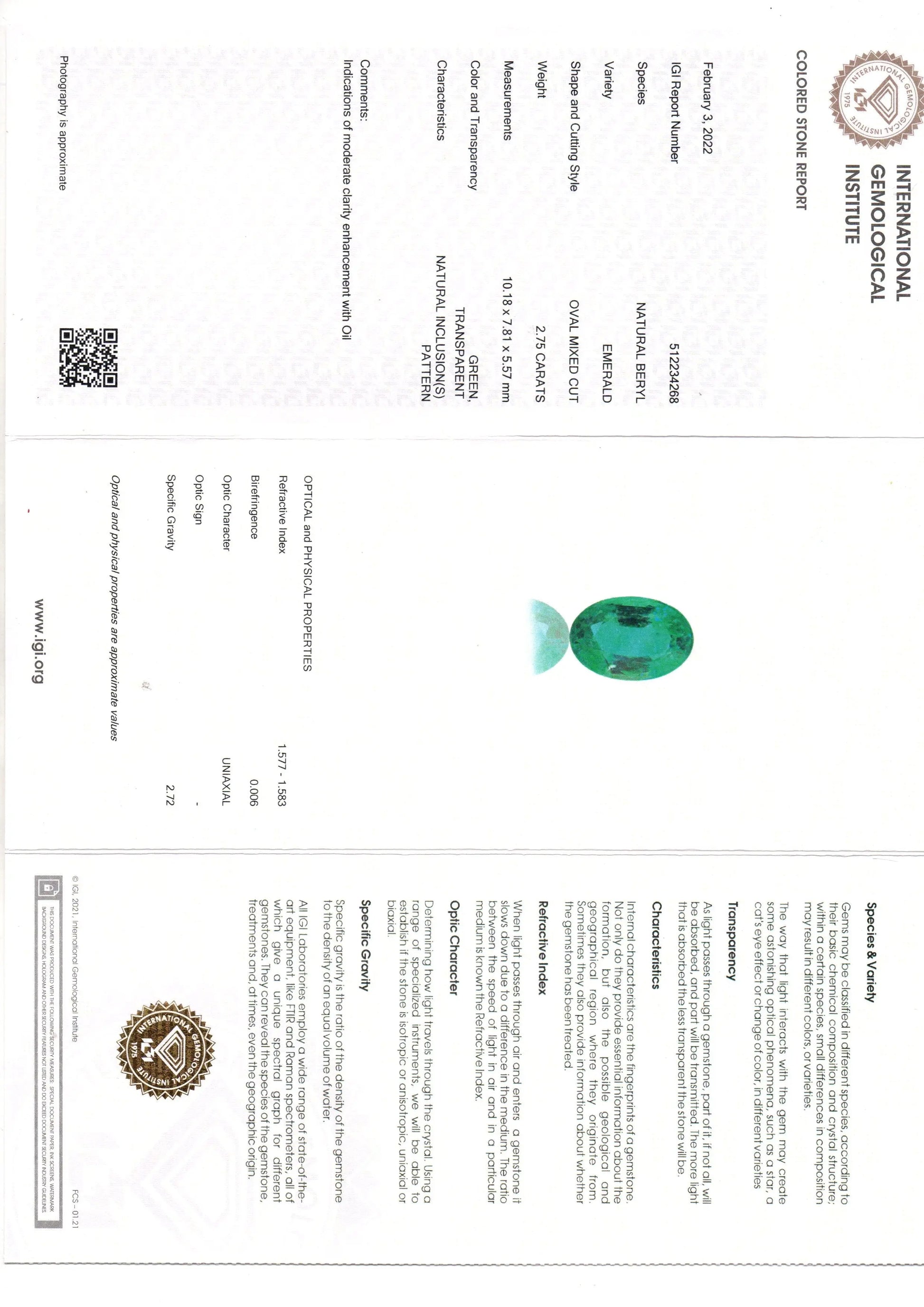 2.75 Ct IGI Certified Untreated Natural Zambian Emerald Gemstone AAA