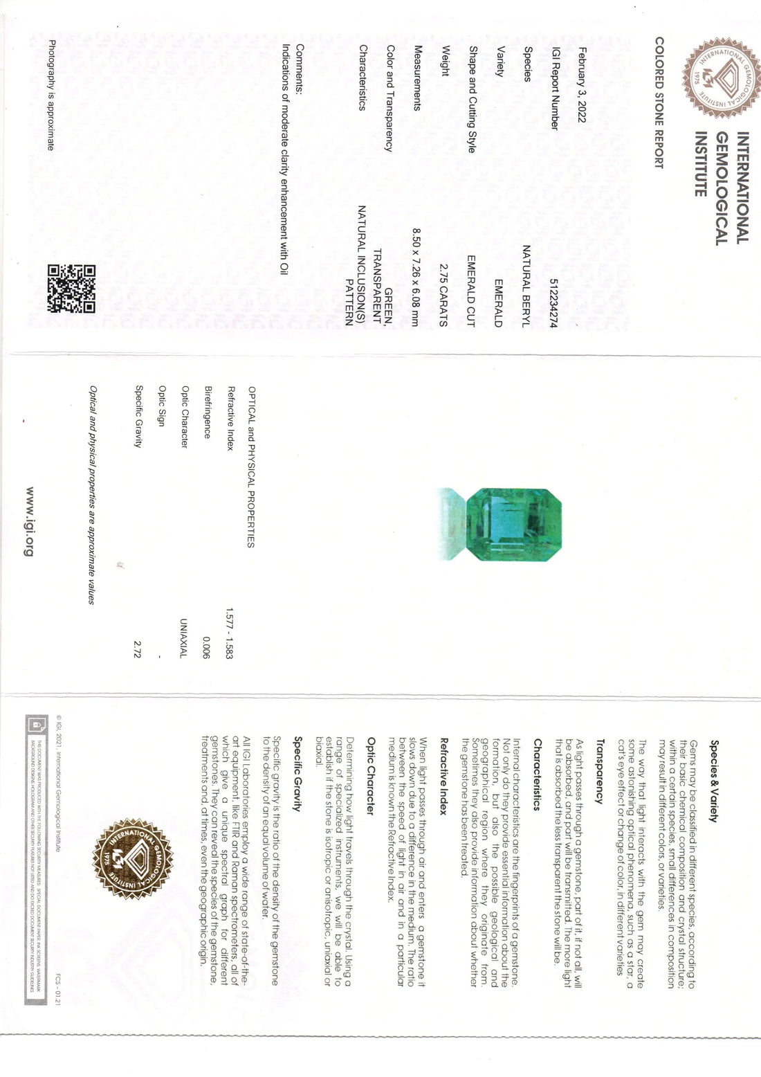 2.75 Ct IGI Certified Untreated Natural Zambian Emerald Gemstone AAA