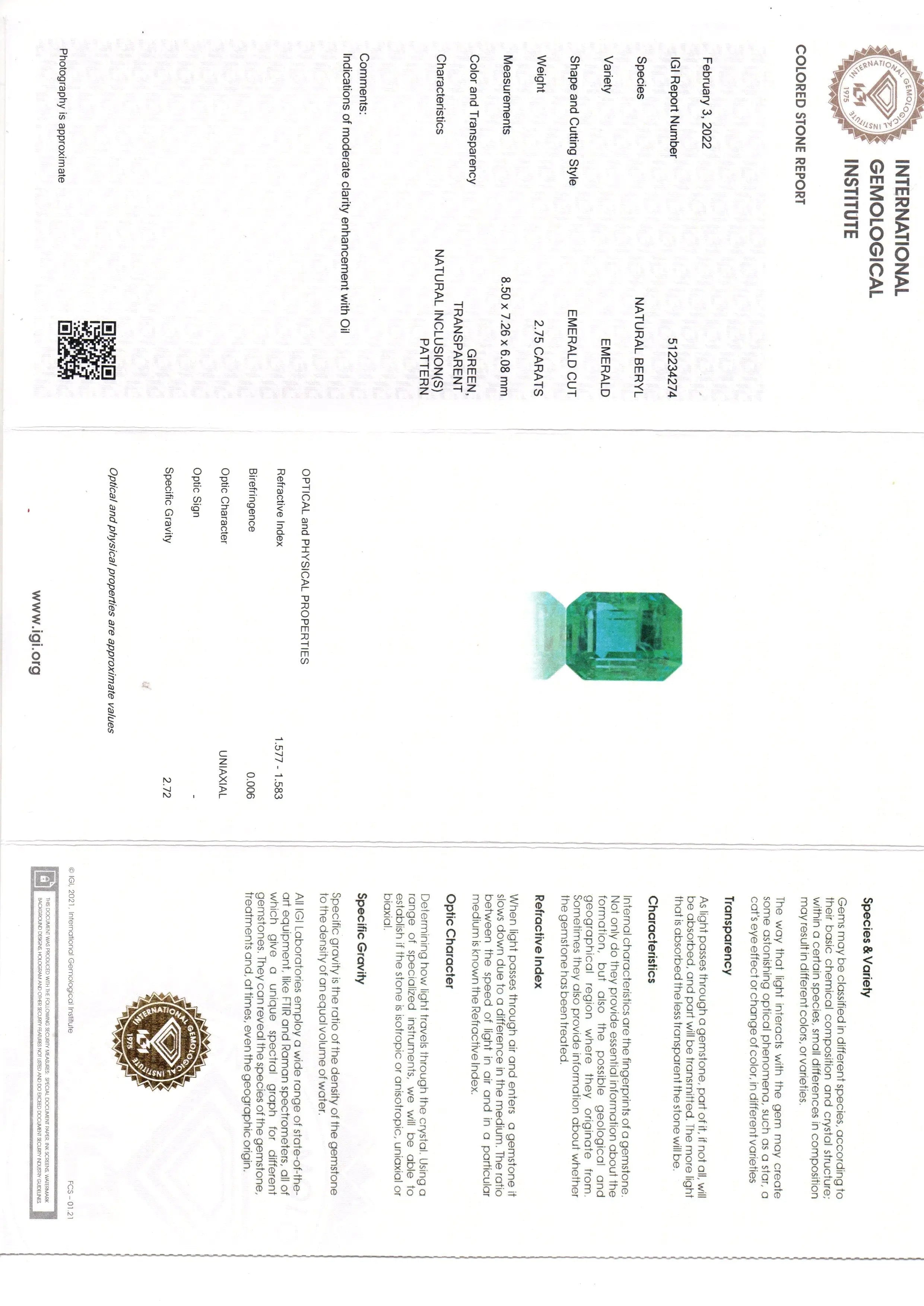 2.75 Ct IGI Certified Untreated Natural Zambian Emerald Gemstone AAA