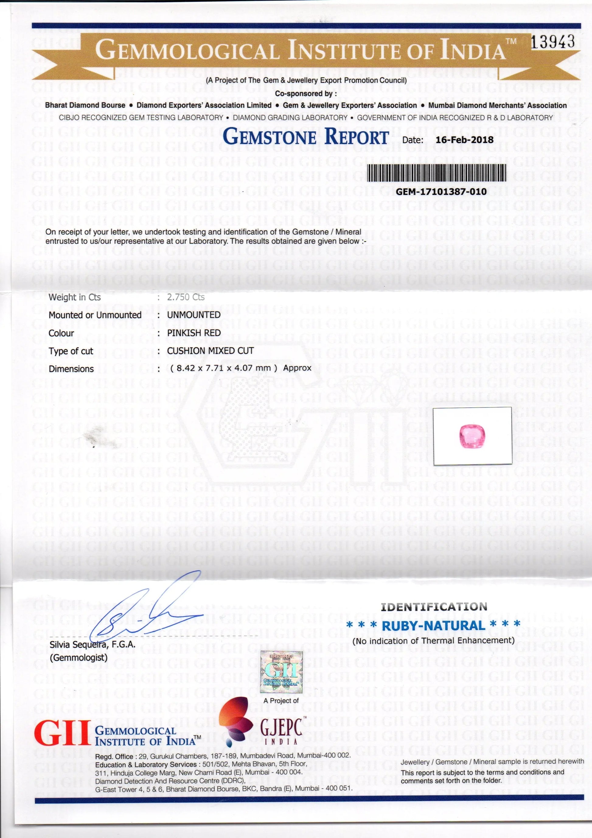 2.75 Ct GII Certified Unheated Untreated Natural Madagaskar Ruby