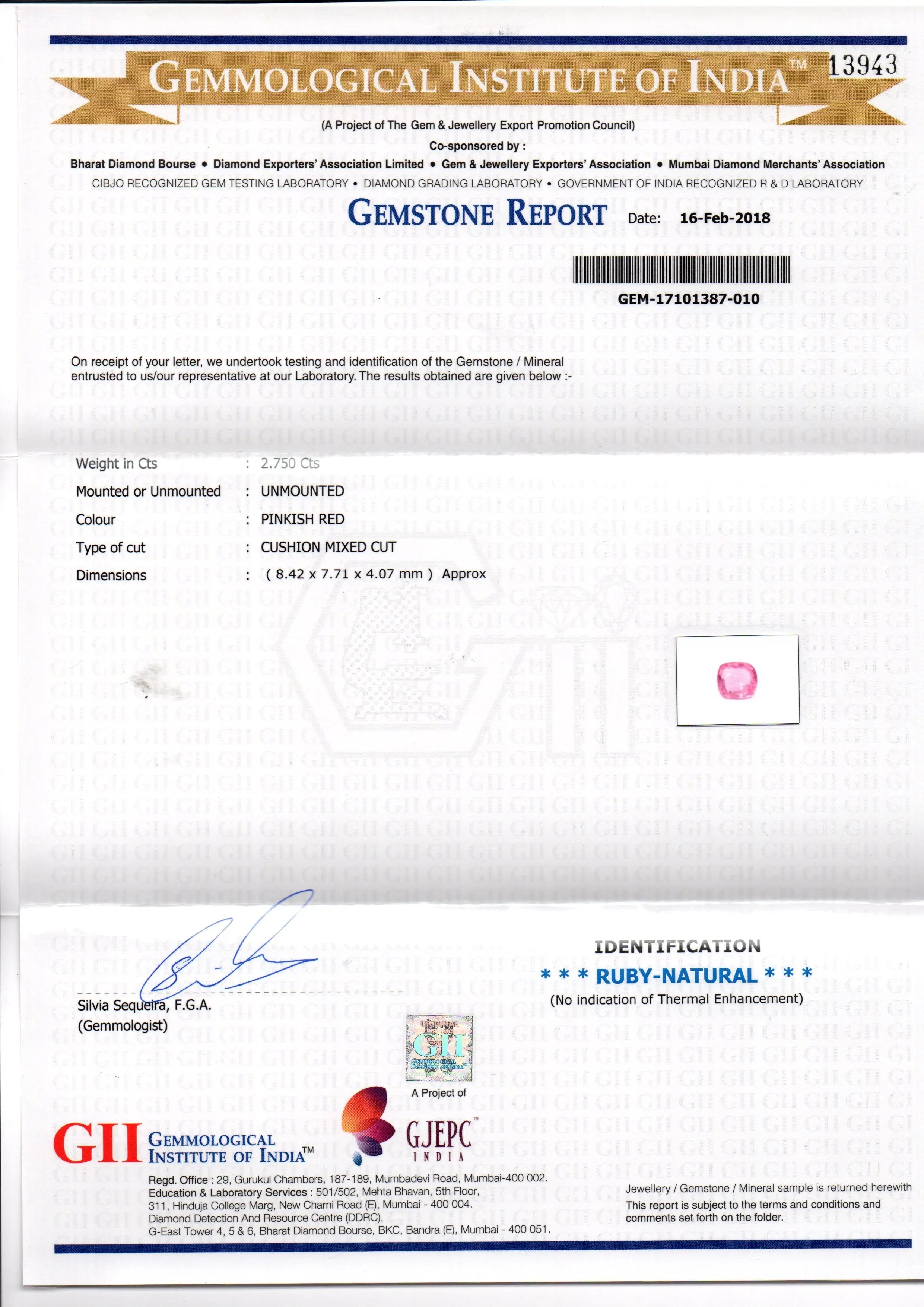2.75 Ct GII Certified Unheated Untreated Natural Madagaskar Ruby