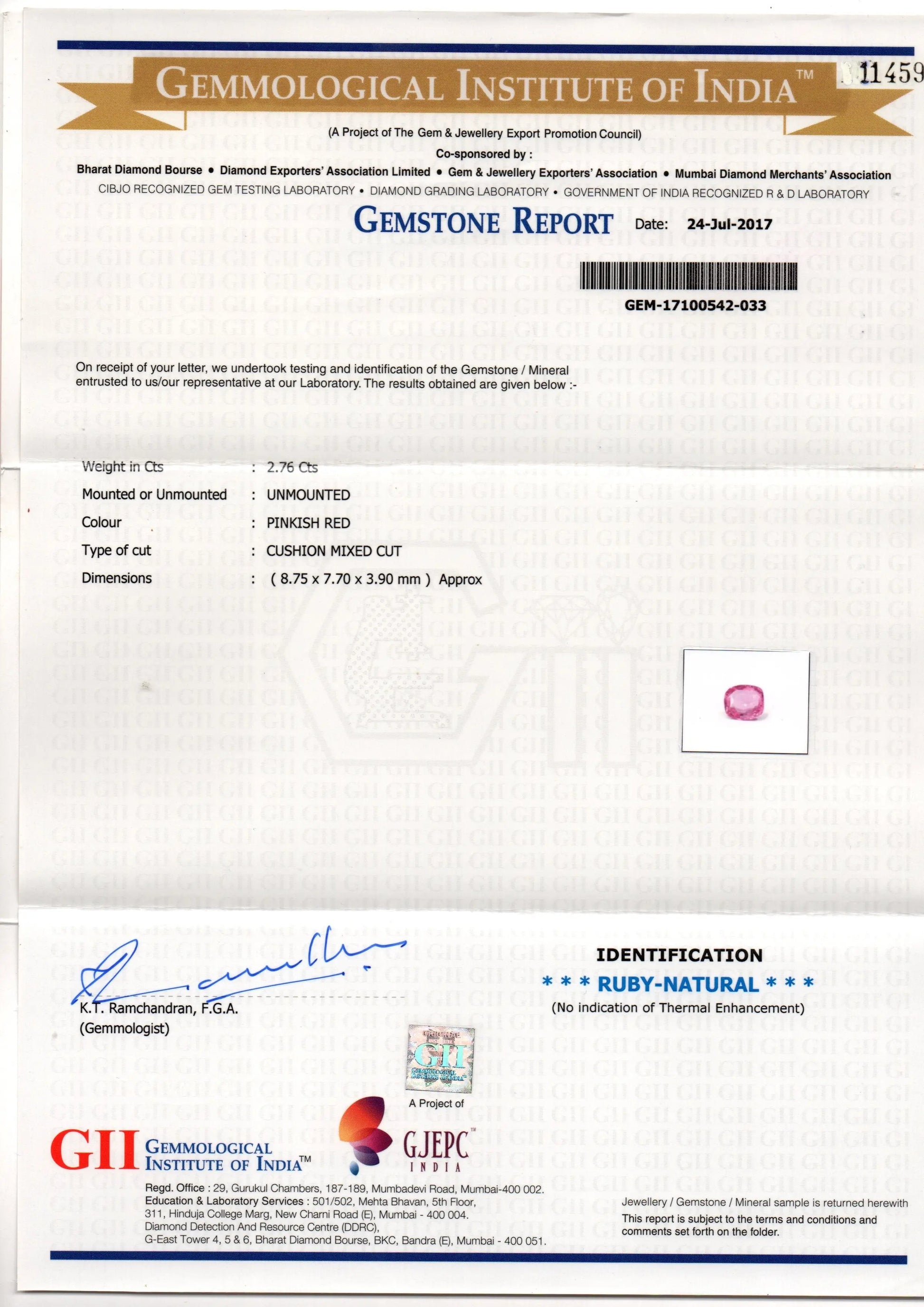 2.76 Ct GII Certified Unheated Untreted Natural Madagaskar Ruby AAA