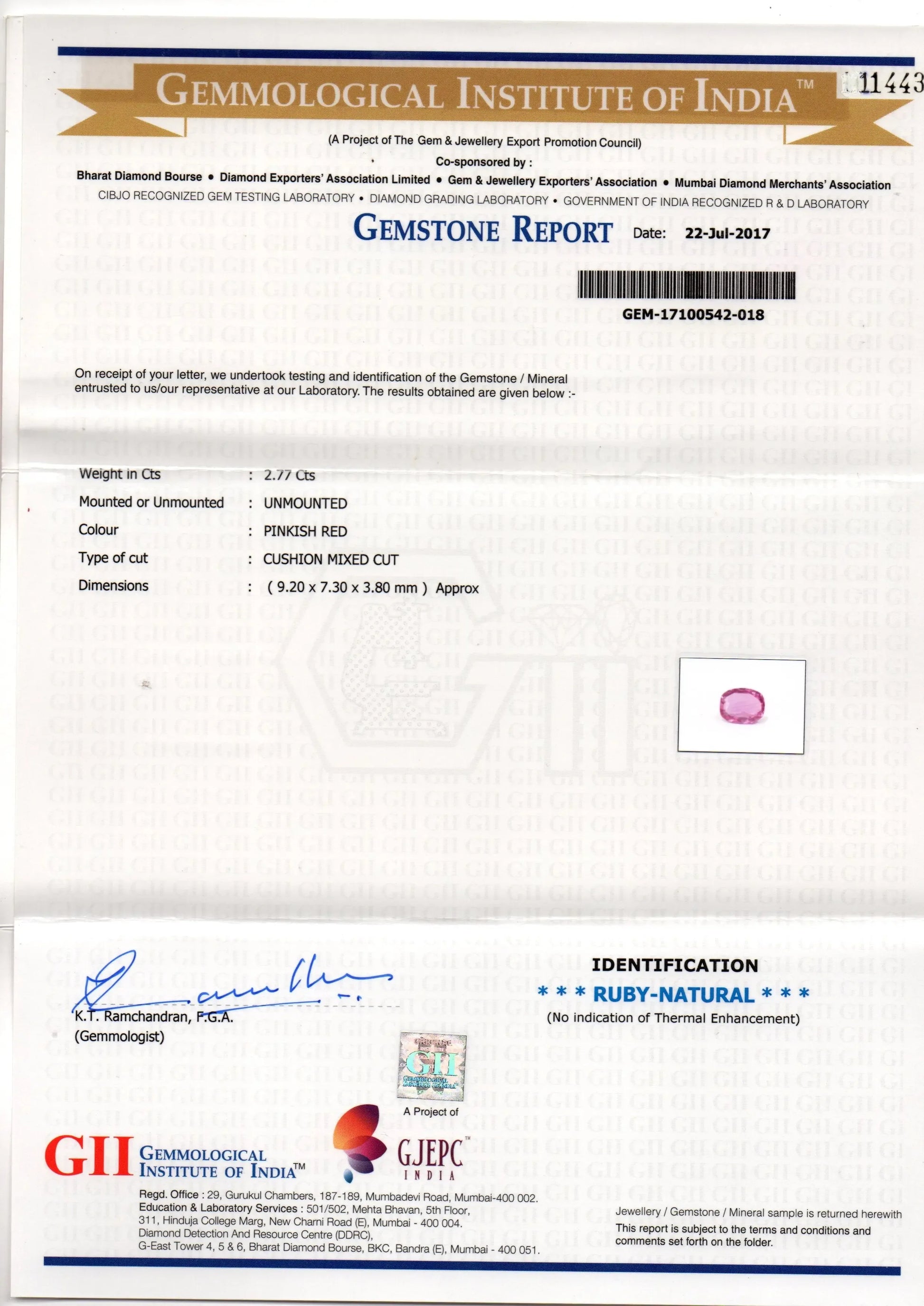 2.77 Ct GII Certified Unheated Untreted Natural Madagaskar Ruby AAA - Venus Gems