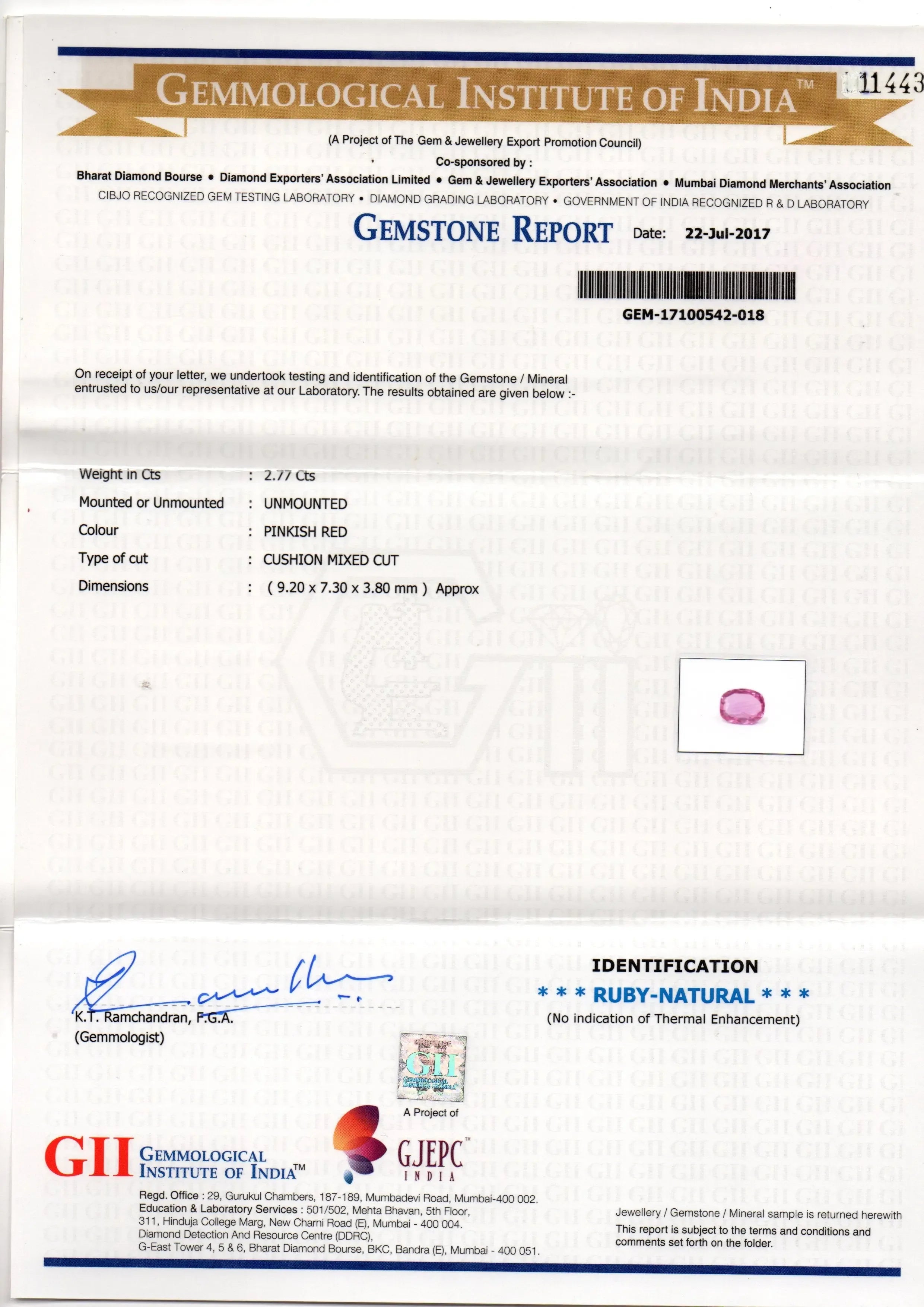 2.77 Ct GII Certified Unheated Untreted Natural Madagaskar Ruby AAA - Venus Gems