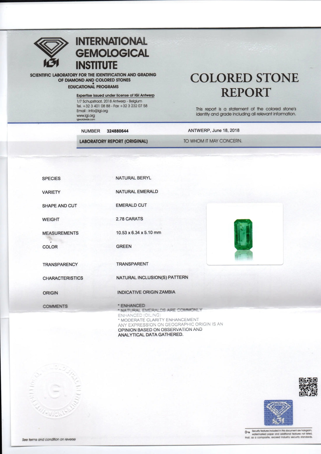 2.78 Ct IGI Certified Untreated Natural Zambian Emerald Gemstone AAA