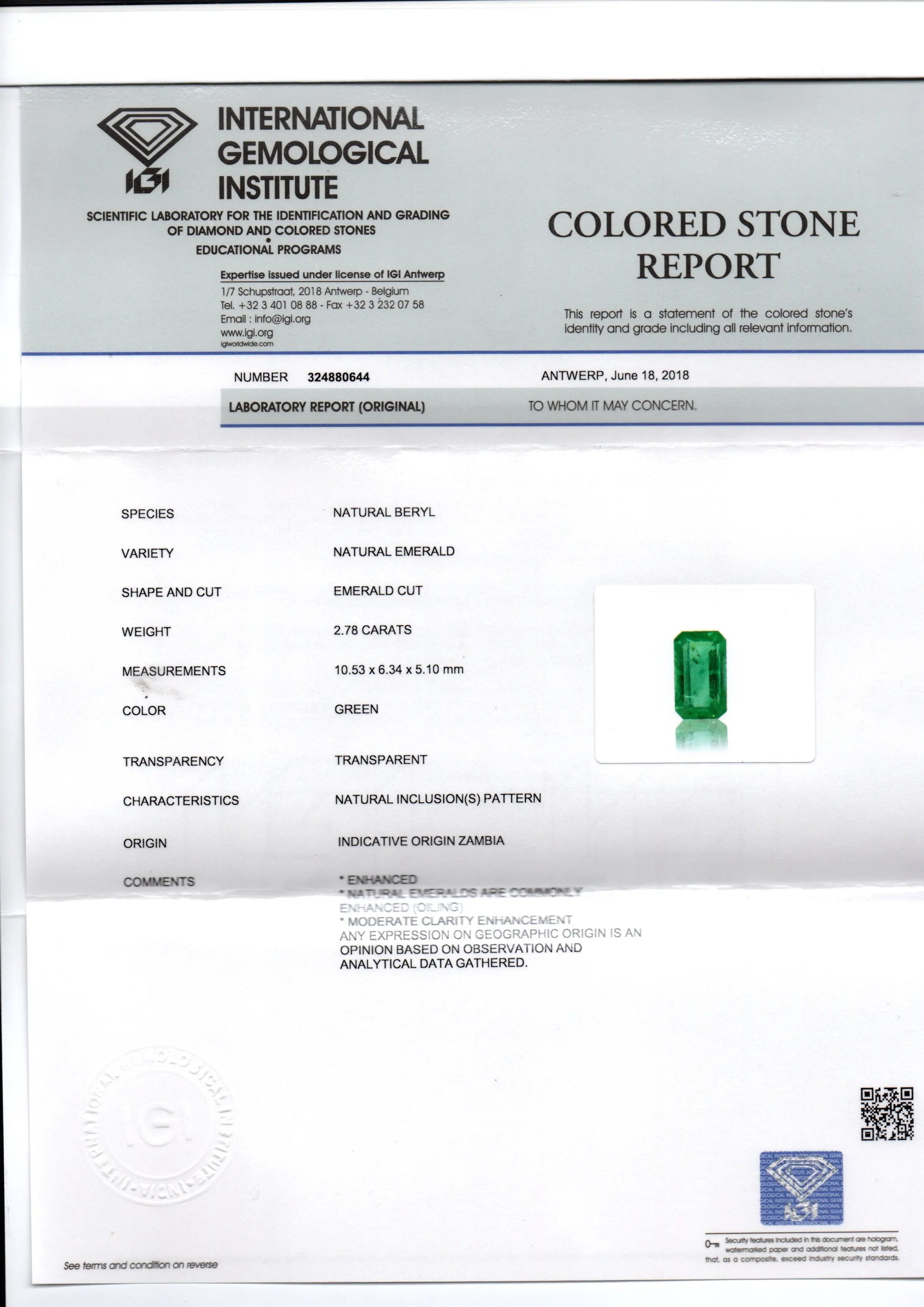 2.78 Ct IGI Certified Untreated Natural Zambian Emerald Gemstone AAA