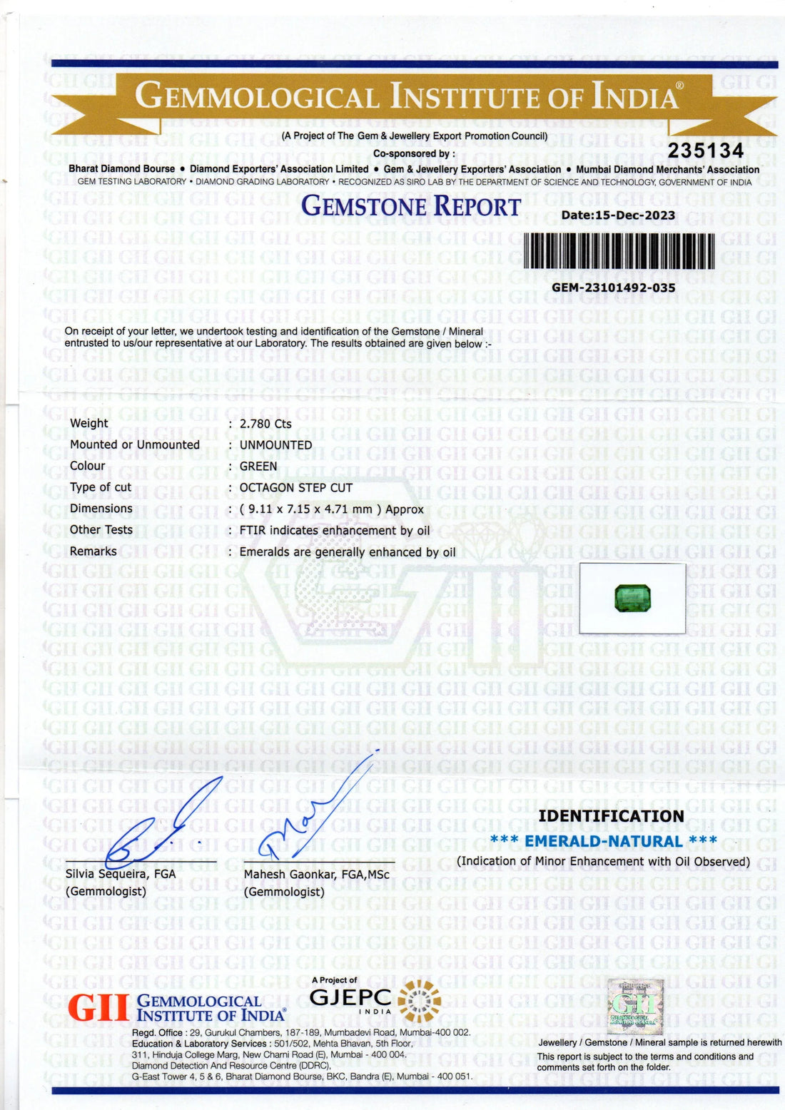 2.78 Ct GII Certified Untreated Natural Zambian Emerald Panna AAA - Venus Gems