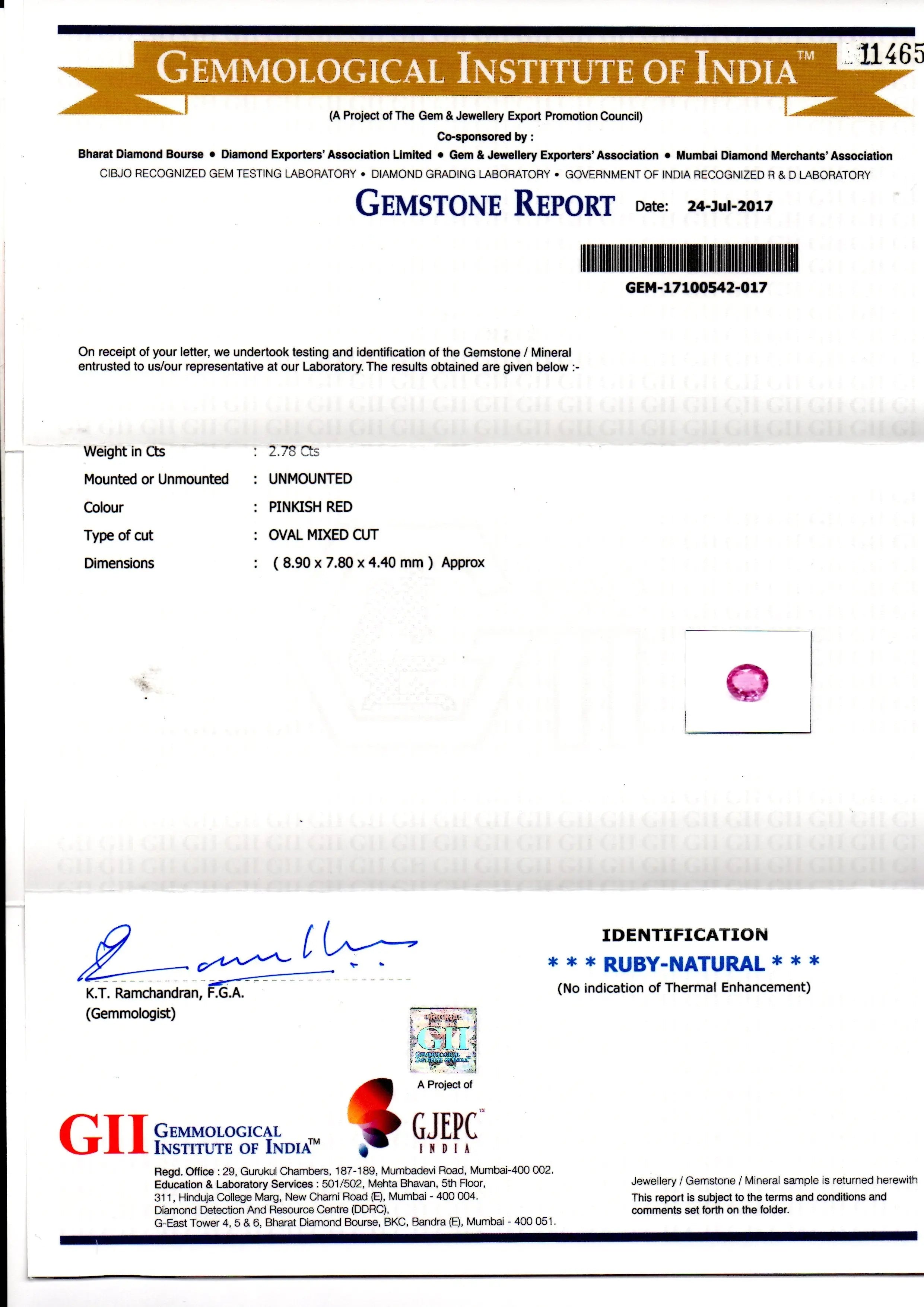2.78 Ct GII Certified Unheated Untreated Natural Madagaskar Ruby AA