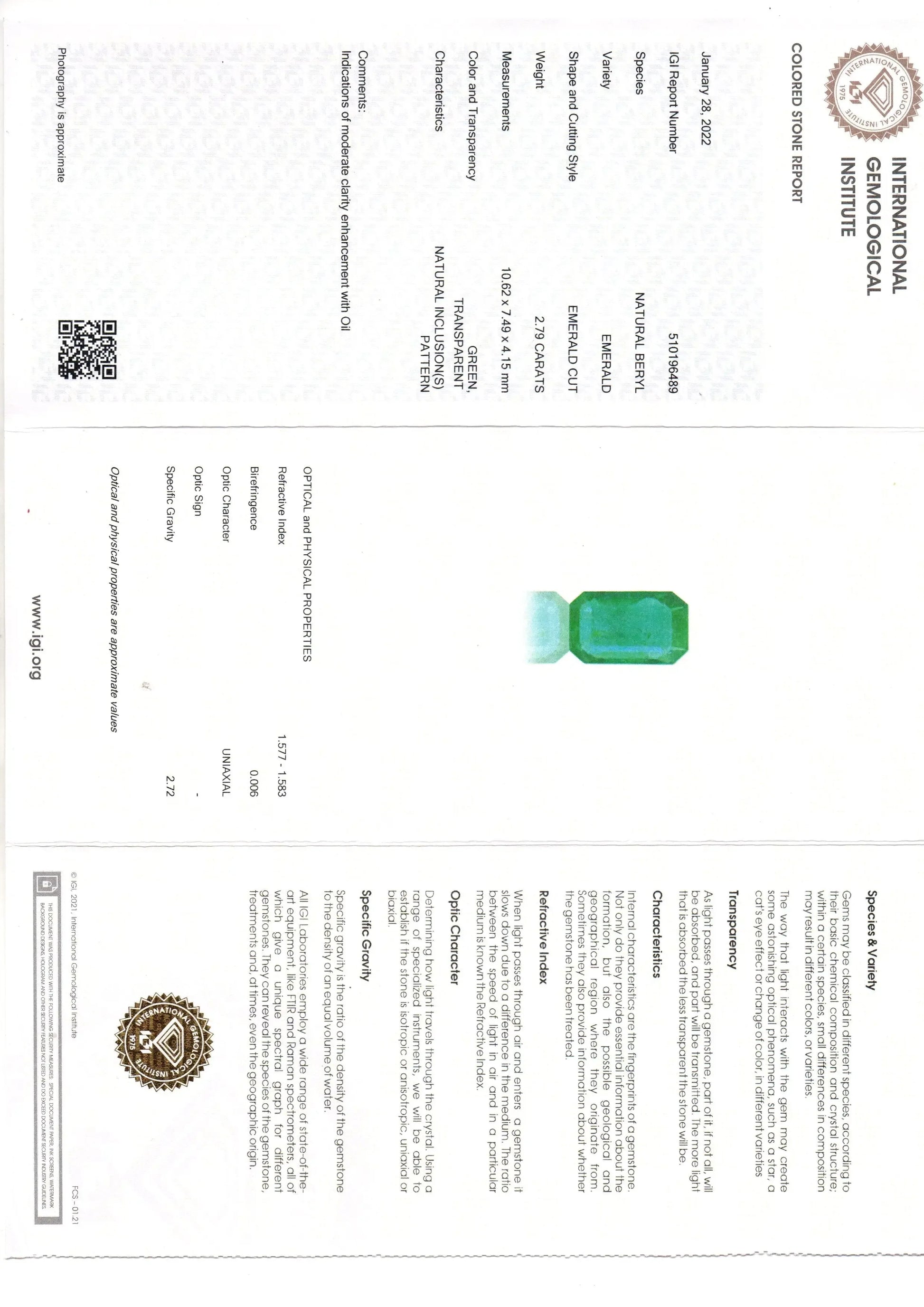 2.79 Ct IGI Certified Untreated Natural Zambian Emerald Gemstone - Venus Gems