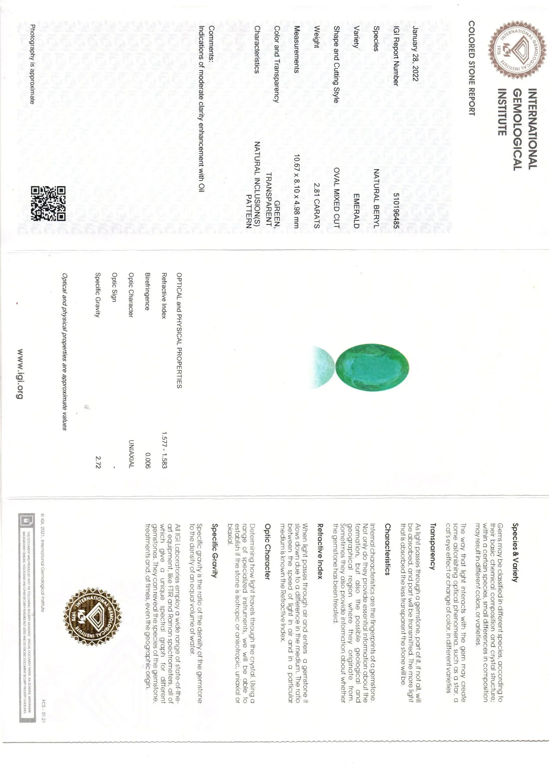 2.81 Ct IGI Certified Untreated Natural Zambian Emerald Gemstone - Venus Gems