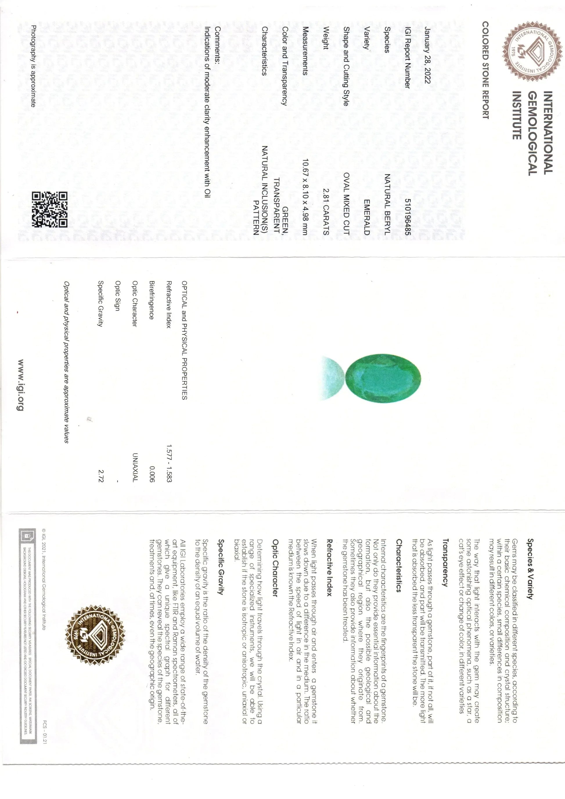 2.81 Ct IGI Certified Untreated Natural Zambian Emerald Gemstone - Venus Gems