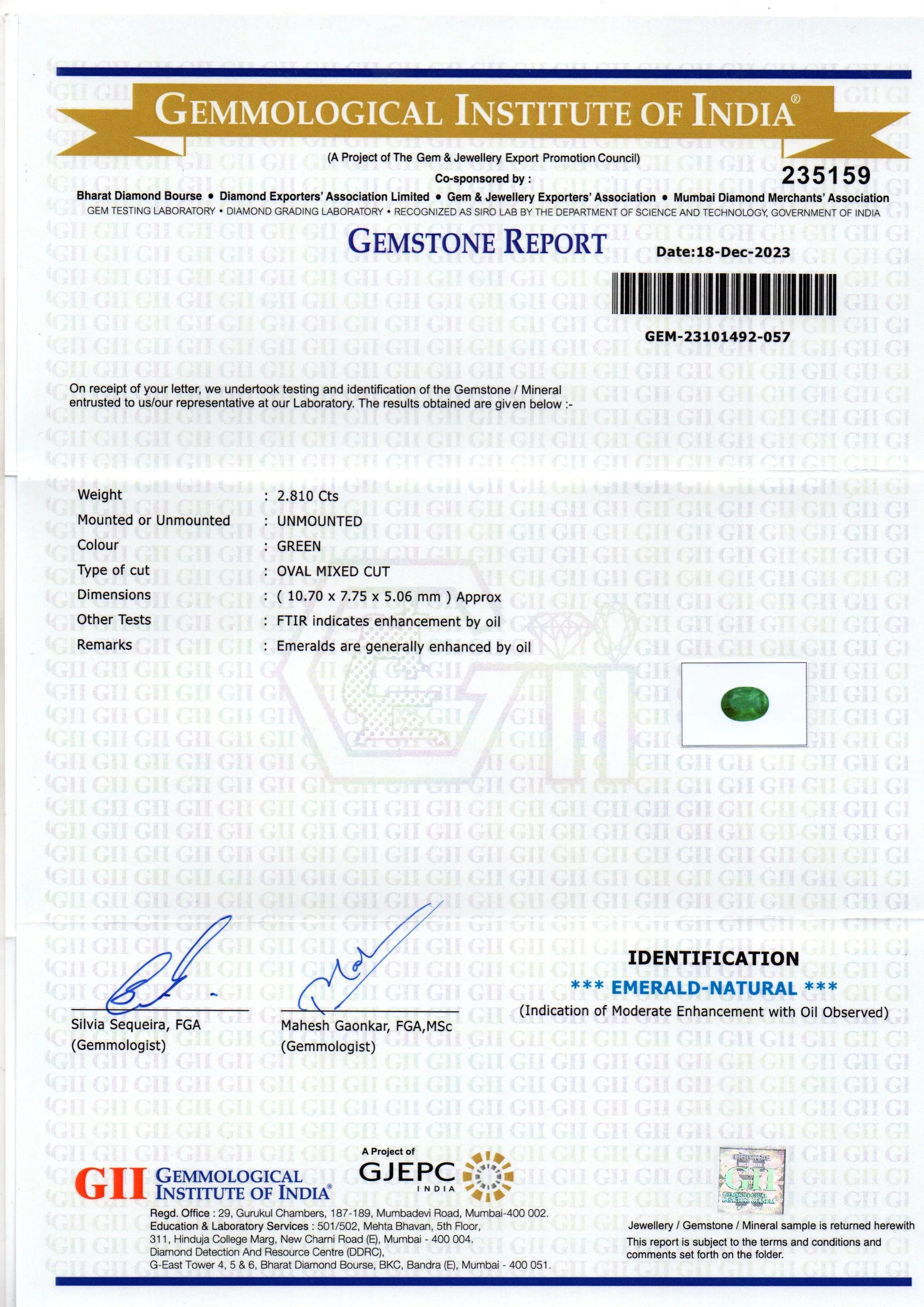 2.81 Ct GII Certified Untreated Natural Zambian Emerald Panna AAA - Venus Gems