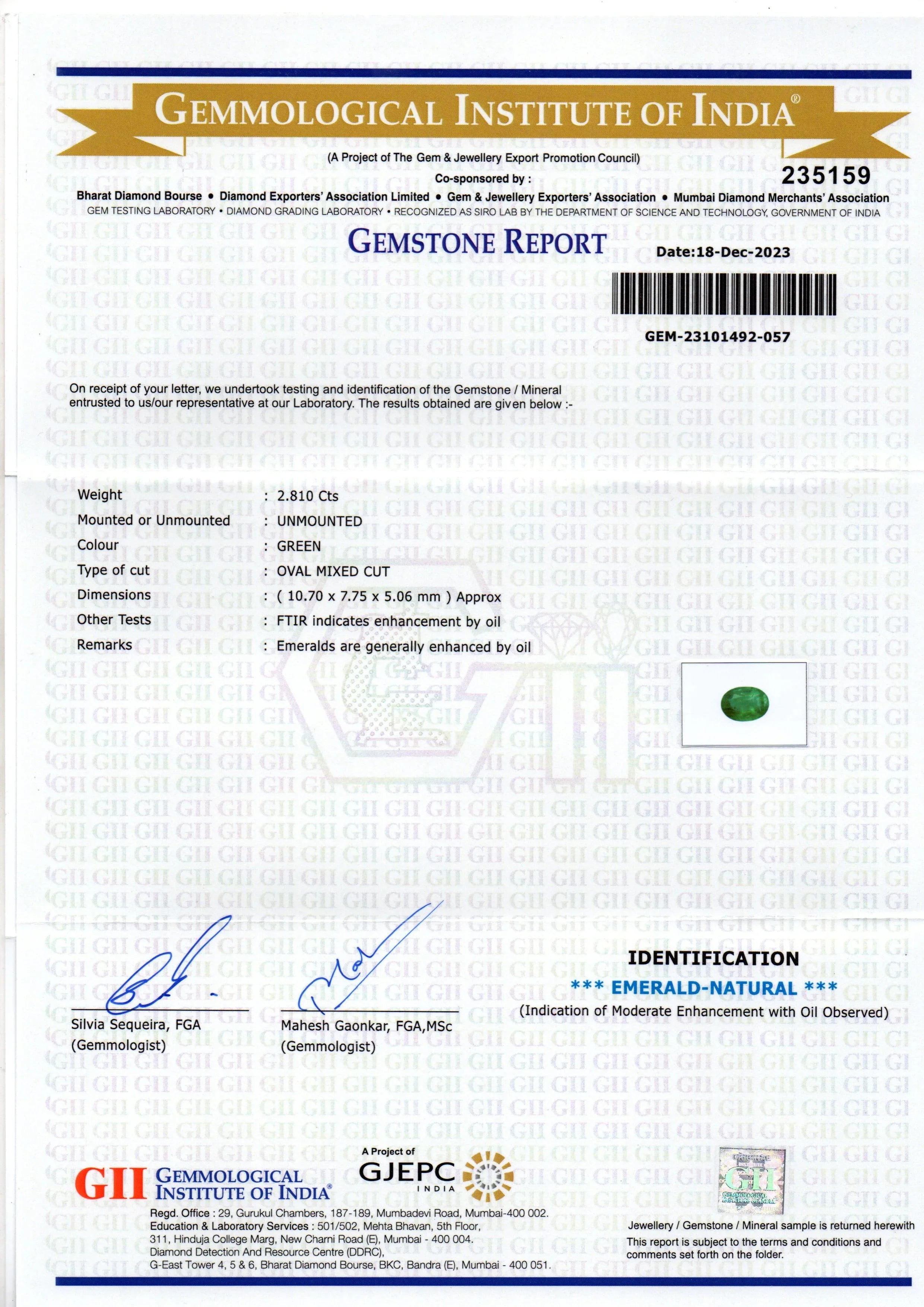 2.81 Ct GII Certified Untreated Natural Zambian Emerald Panna AAA - Venus Gems