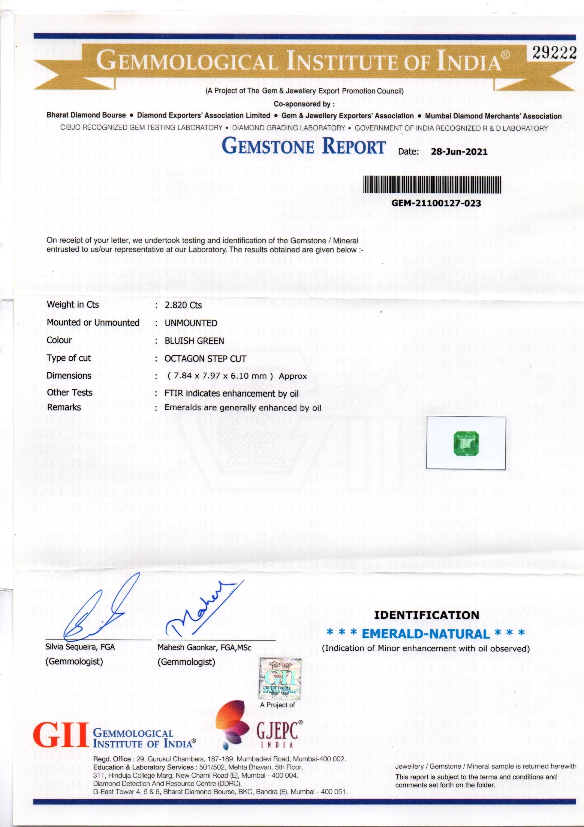 2.82 Ct GII Certified Untreated Natural Zambian Emerald Gemstone AAAAA