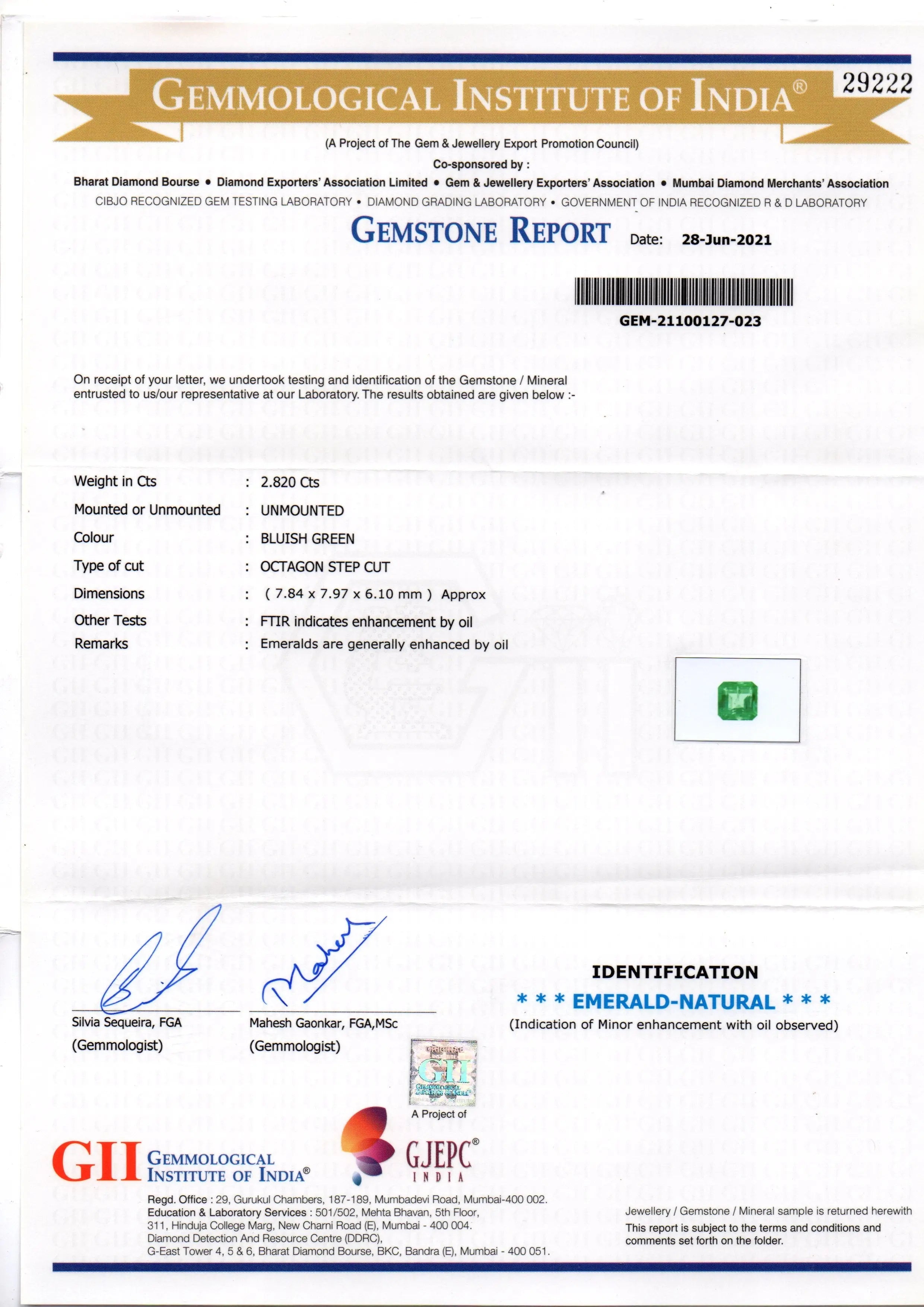 2.82 Ct GII Certified Untreated Natural Zambian Emerald Gemstone AAAAA