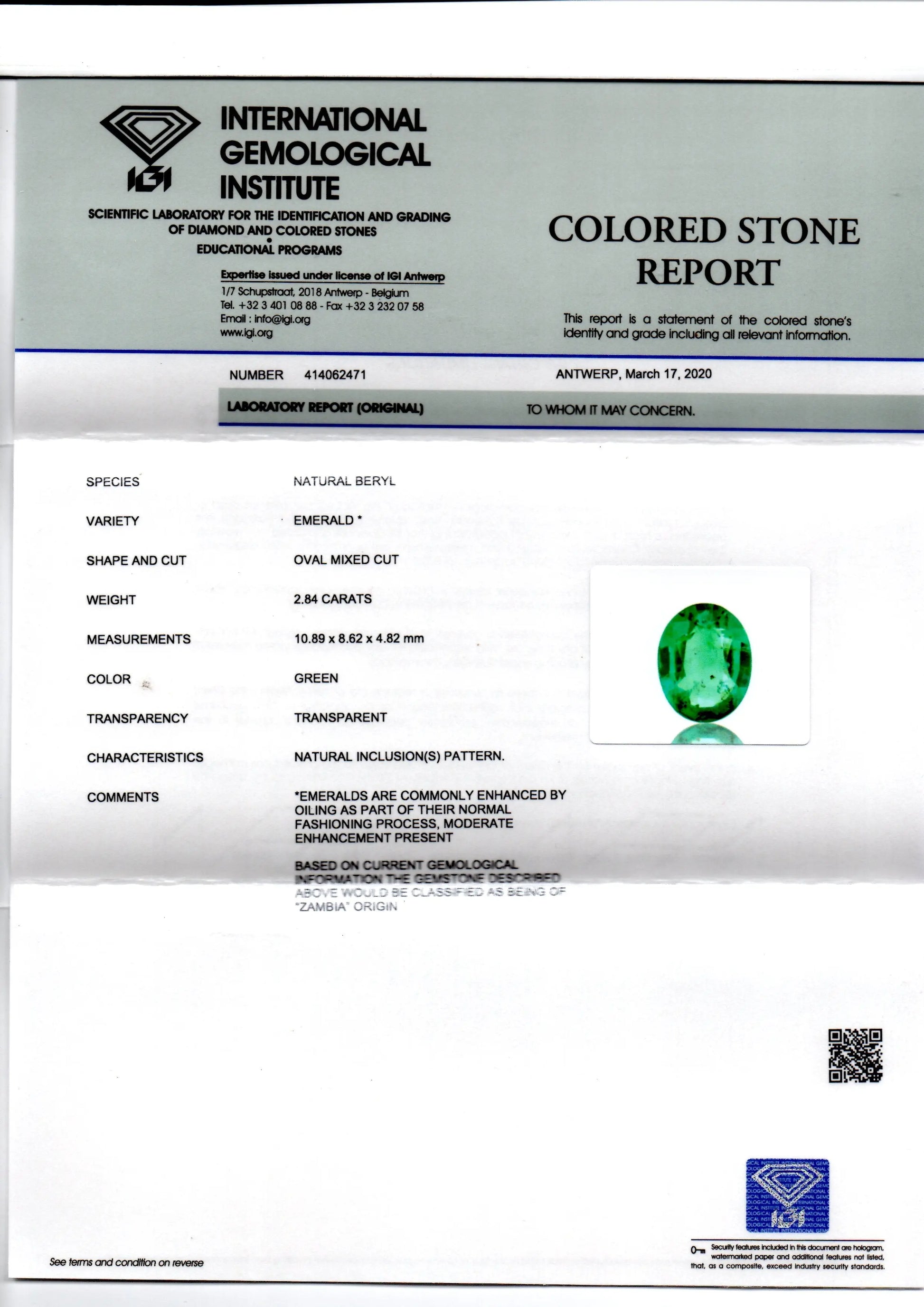 2.84 Ct IGI Certified Untreated Natural Zambian Emerald Gems AAA