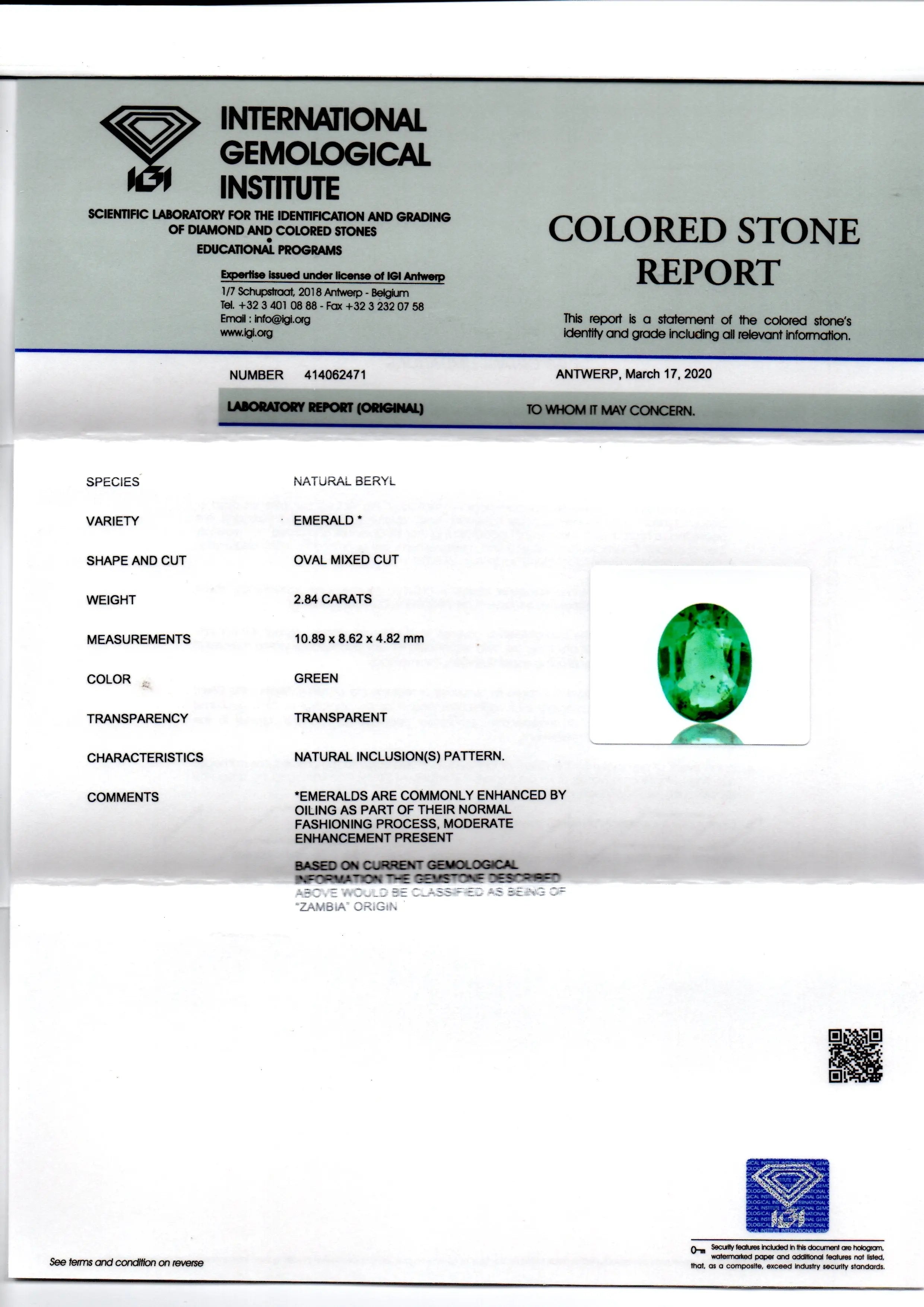 2.84 Ct IGI Certified Untreated Natural Zambian Emerald Gems AAA