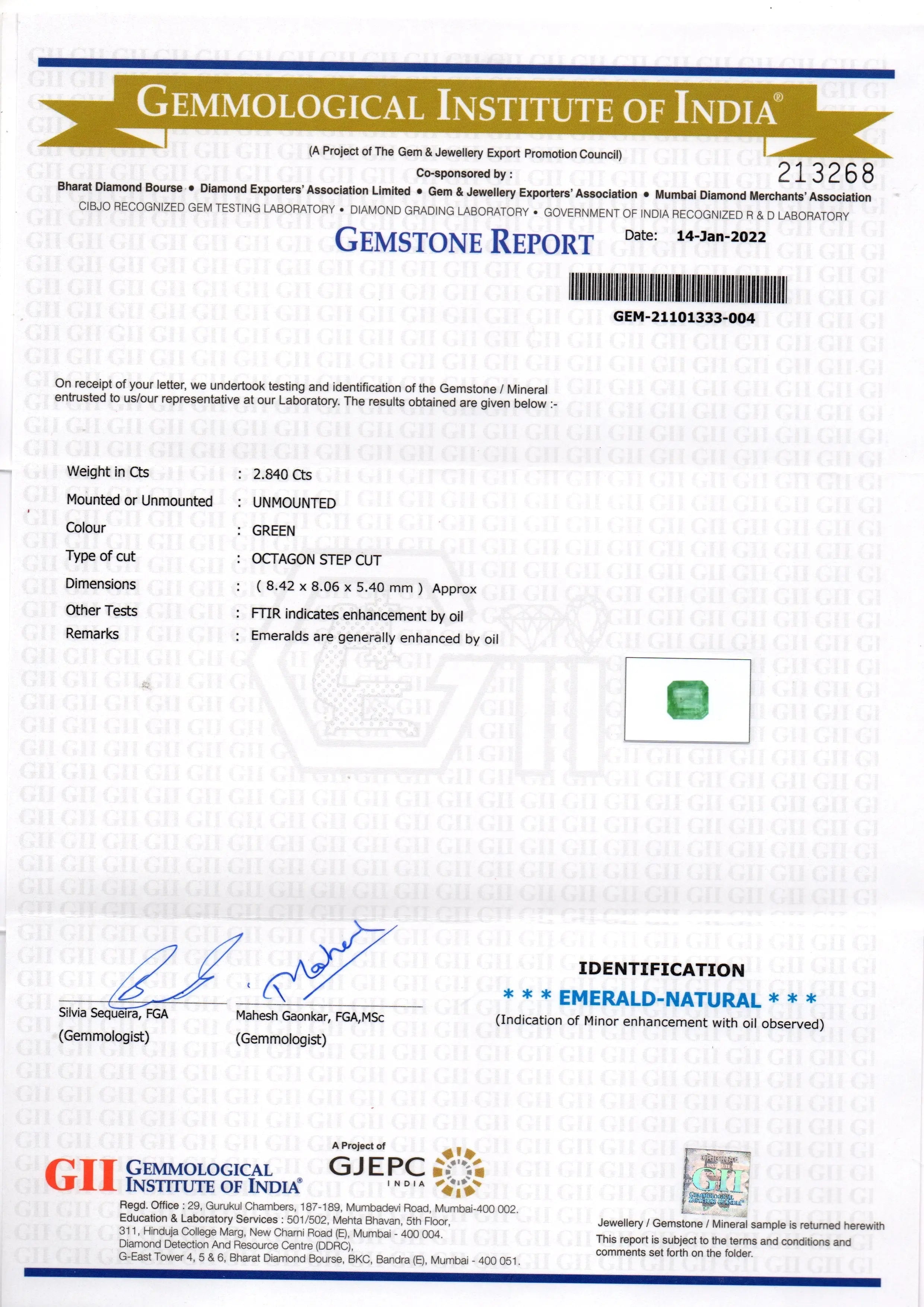 2.84 Ct GII Certified Untreated Natural Zambian Emerald Gemstone