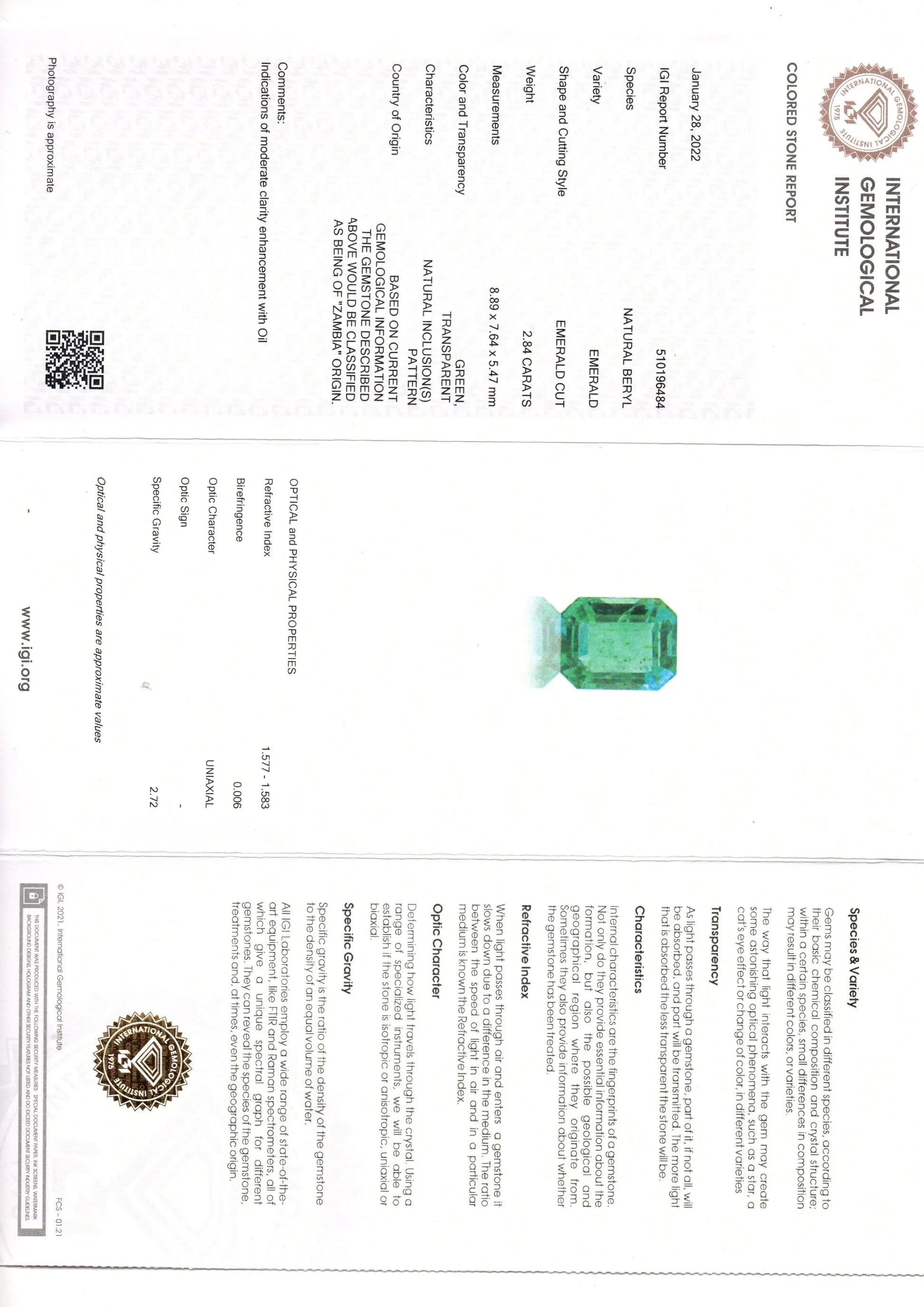 2.84 Ct IGI Certified Untreated Natural Zambian Emerald Gemstone