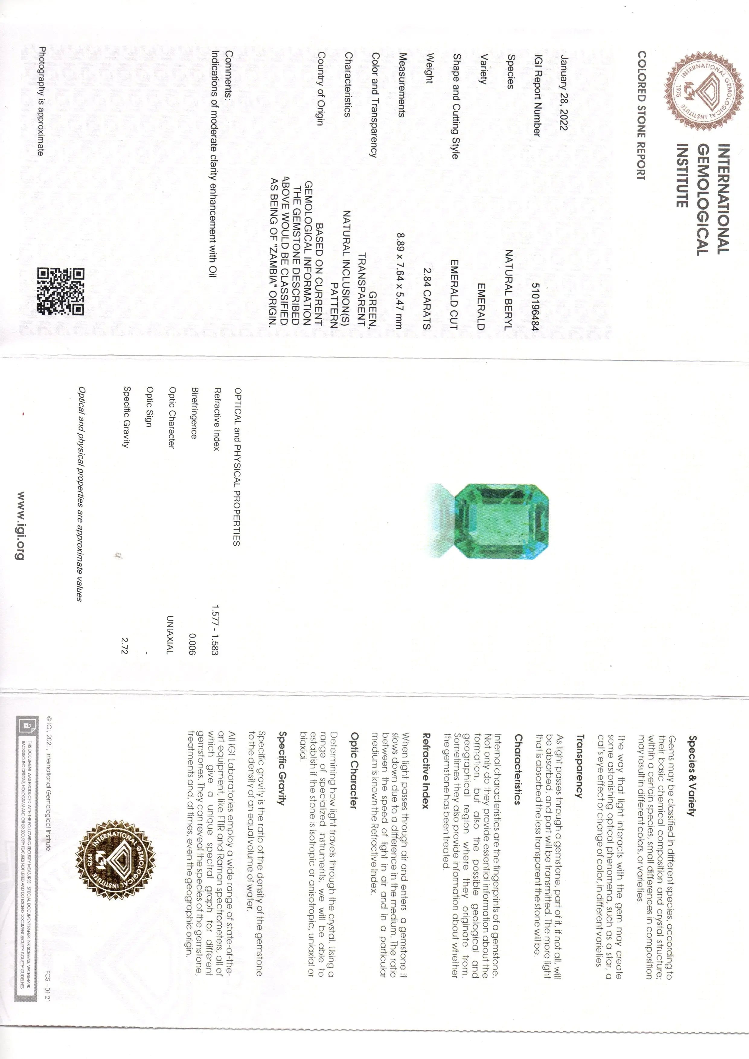 2.84 Ct IGI Certified Untreated Natural Zambian Emerald Gemstone
